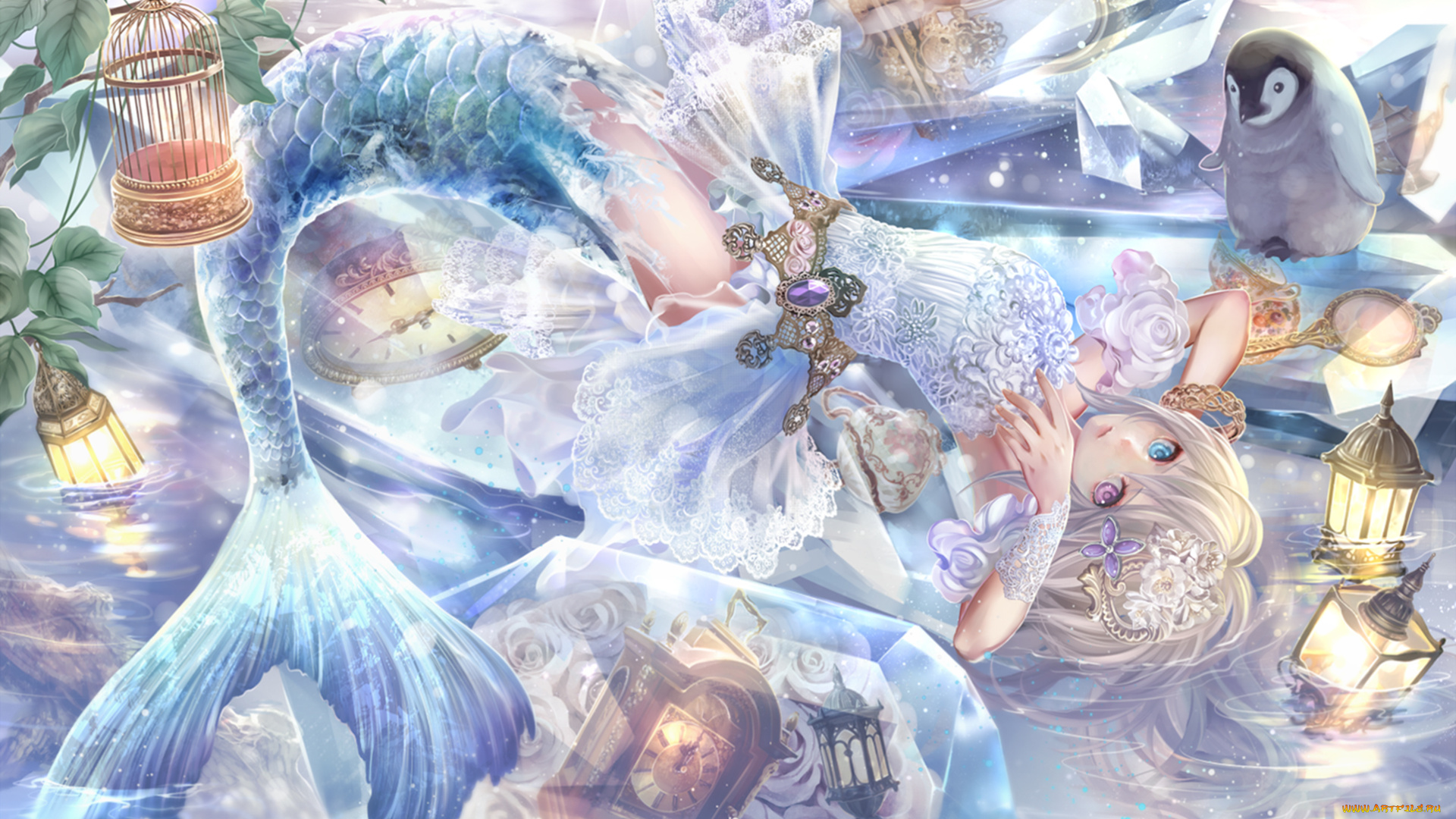 аниме, животные, , существа, русалка, девушка, арт, пингвинёнок