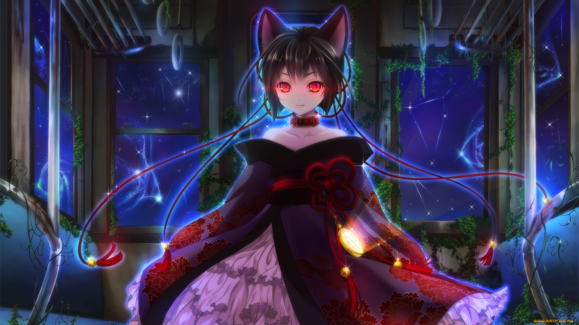 аниме, животные, , существа, уши, красные, глаза, девушка, ночь, ошейник, itto, maru, art