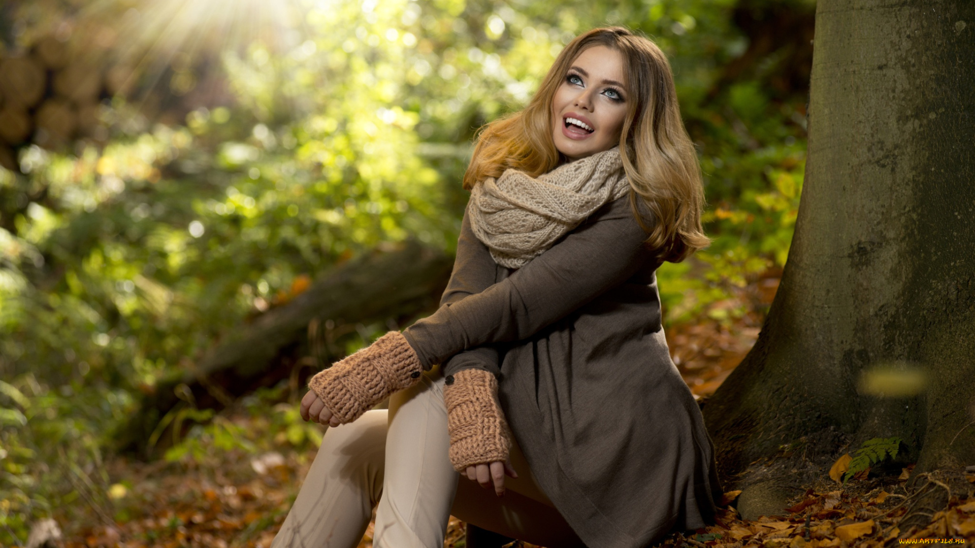 девушки, -unsort, , брюнетки, , шатенки, девушка, митенки, природа, пальто, шатенка, лучи, солнце, листья, дерево, осень