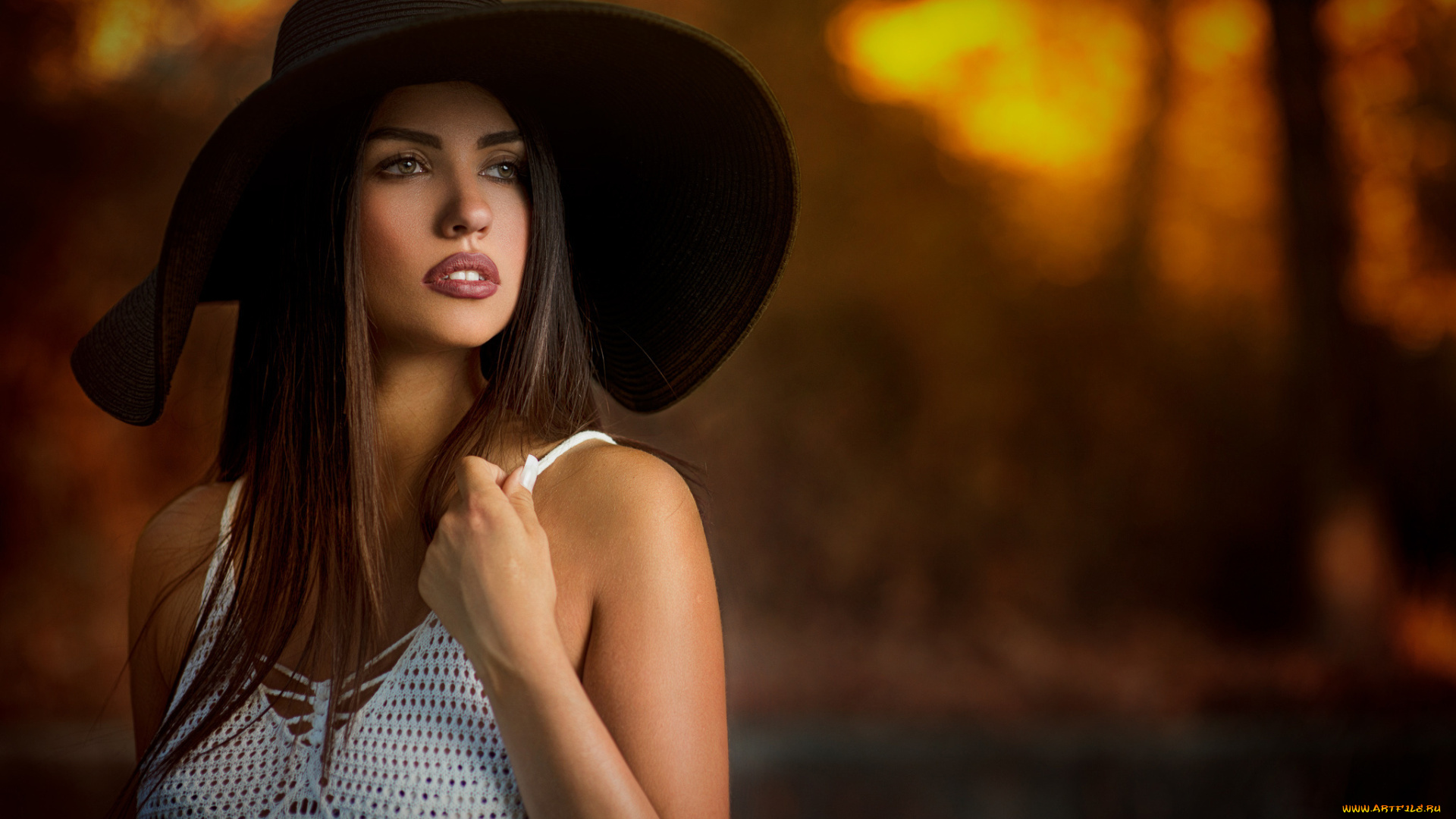 девушки, -unsort, , брюнетки, , шатенки, топ, взгляд, шляпа, закат, макияж, шатенка, девушка