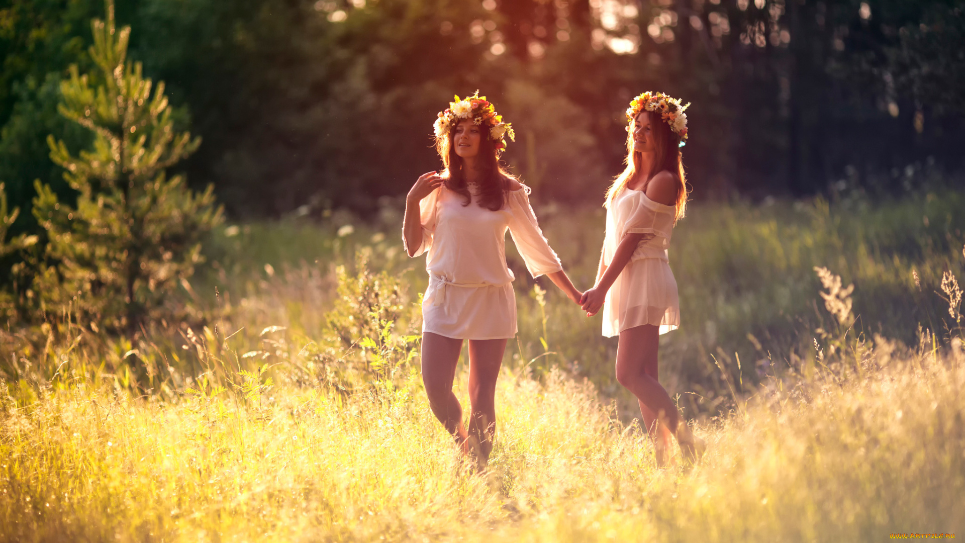 девушки, -unsort, , группа, девушек, венки, радость, лето, подруги