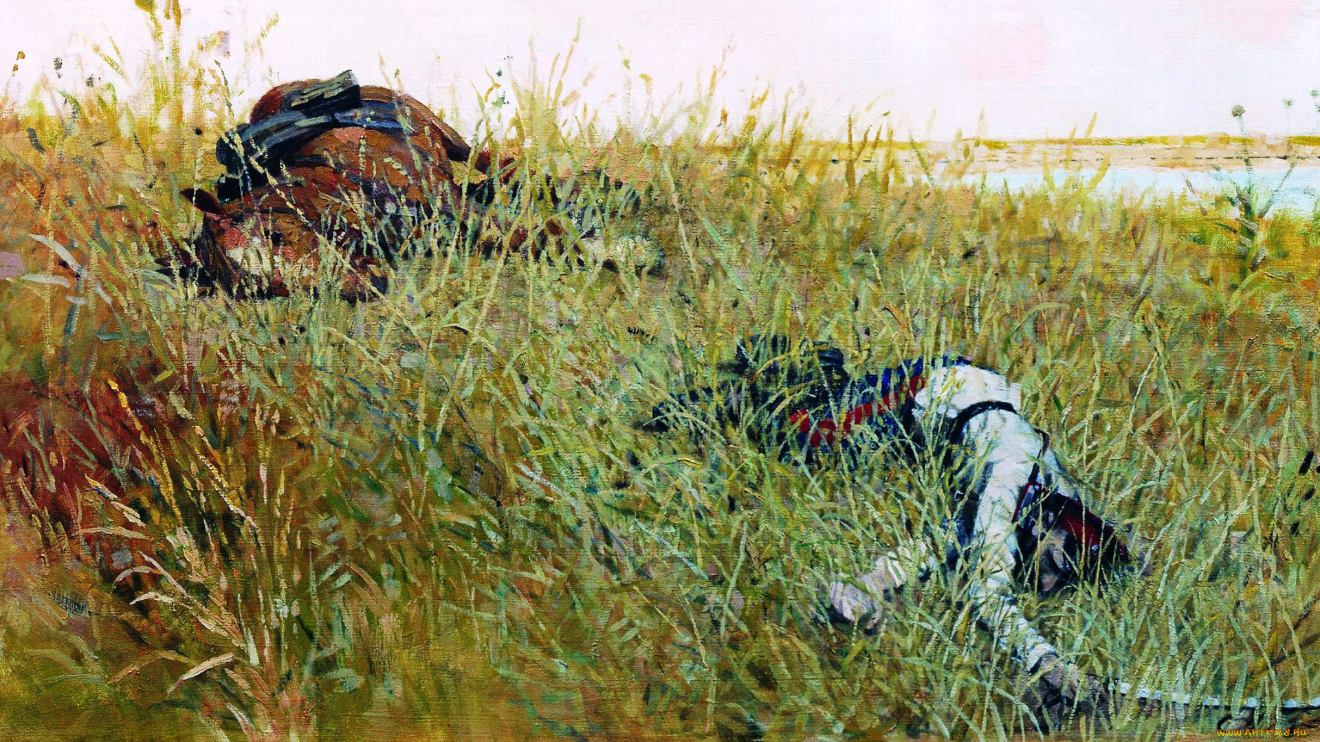 гавриляченко, сергей, -, убитый, рисованное, живопись, сабля, трупы, казак, конь, лошадь, луг, трава