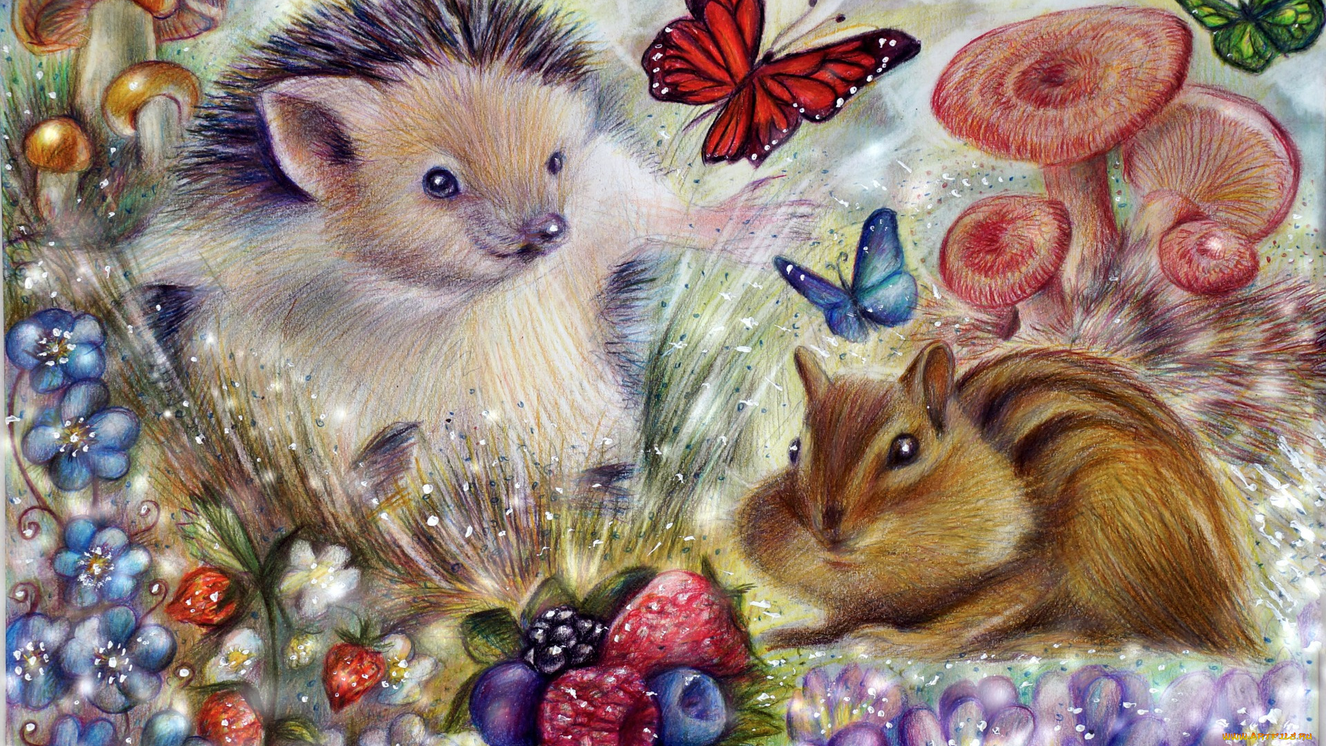 рисованное, животные, природа, цветы, ягоды, грибы, бабочка, бурундук, ёжик, арт, ёж, живопись