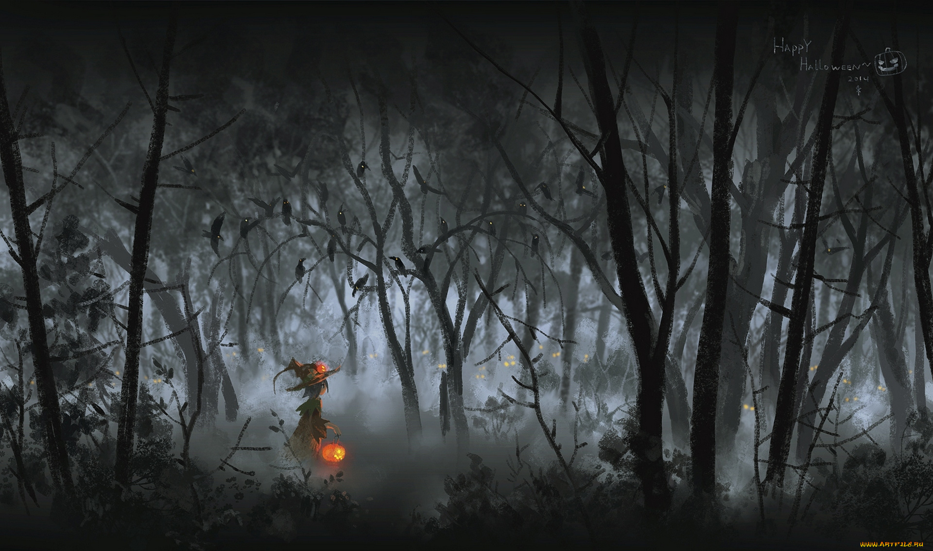 аниме, магия, , колдовство, , halloween, арт, фонарь, природа, деревья, шляпа, лес, девушка, seeker, halloween