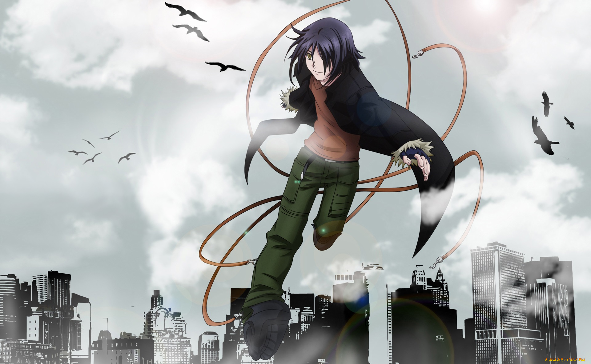 аниме, air, gear, мальчик, мультфильм, небо, air, gear, птицы, город, ицуки, минами