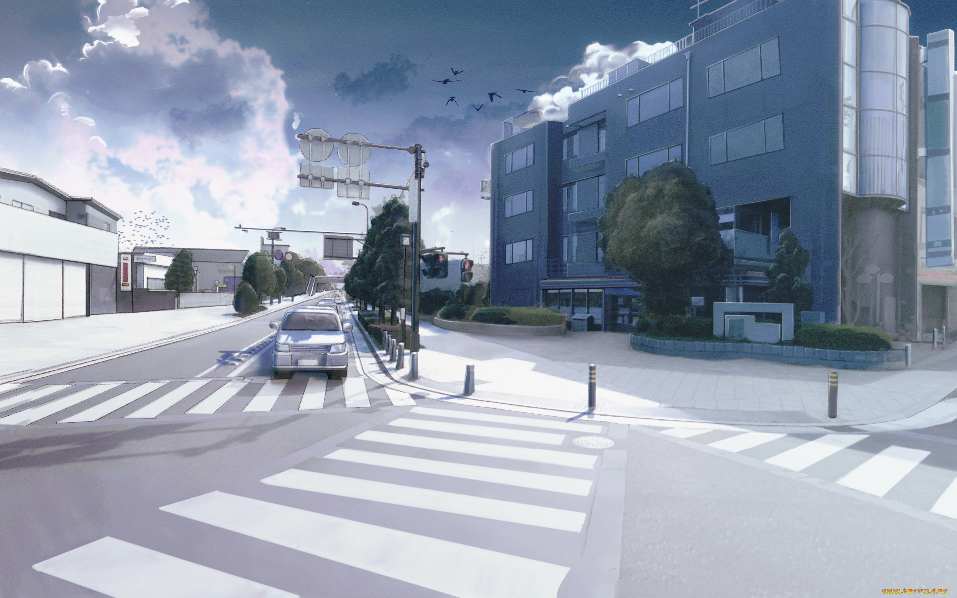 аниме, город, , улицы, , здания, светофор, здание, знаки, машины, птицы
