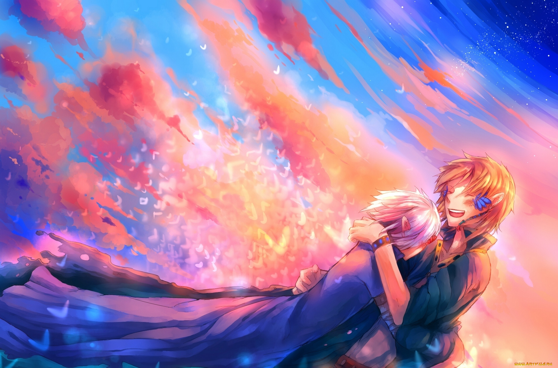 аниме, unknown, , другое, арт, uchuubranko, парни, закат, небо, облака, птицы