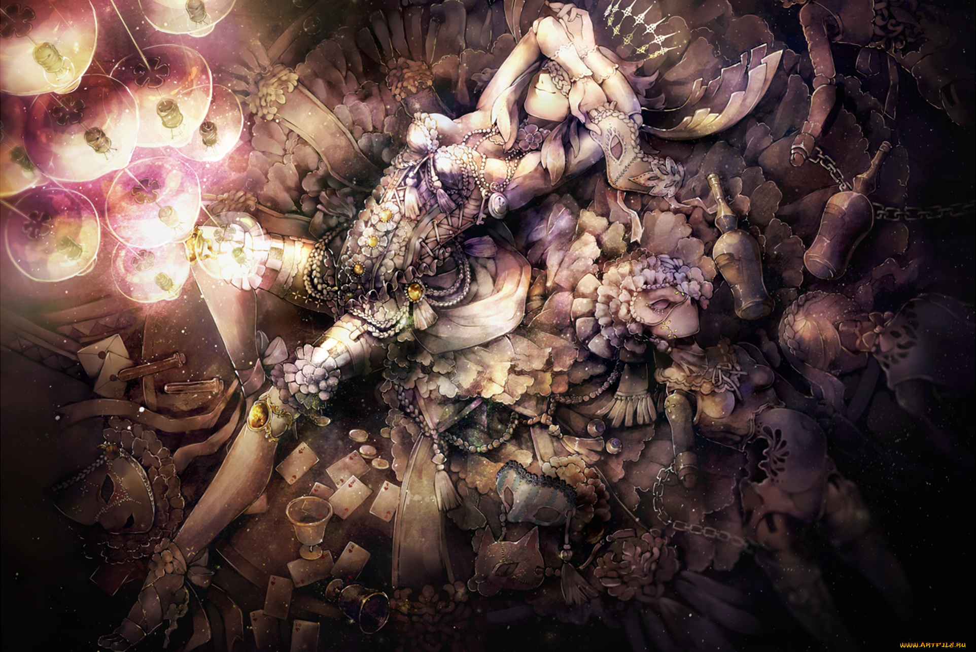 аниме, unknown, , другое, украшения, марионетки, кукла, девушка, бутылки, карты, маски