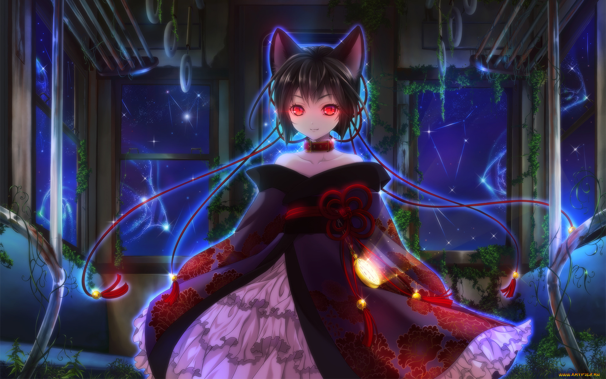 аниме, животные, , существа, уши, красные, глаза, девушка, ночь, ошейник, itto, maru, art