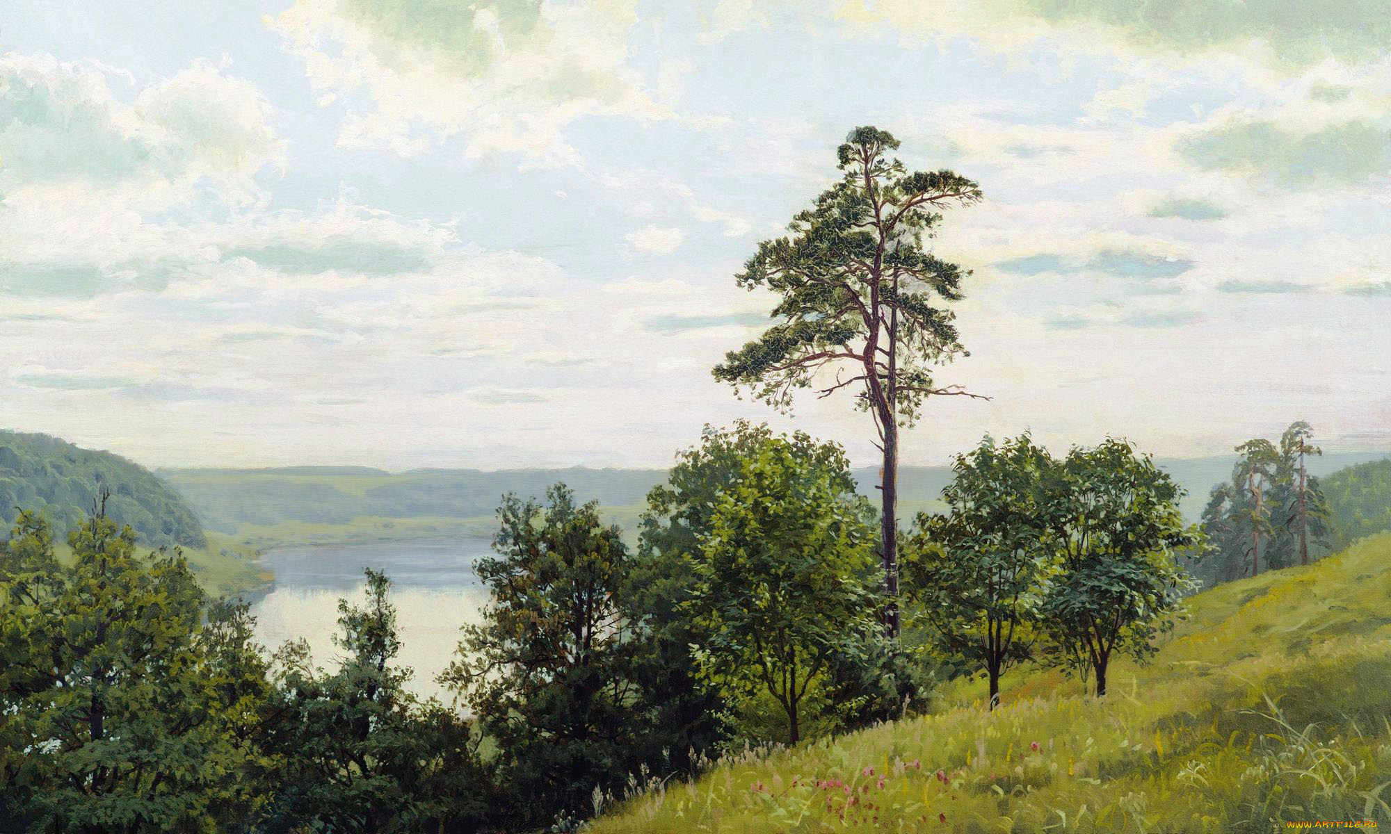 на, берегу, оки, рисованное, андрей, герасимов, река, луга, склон, облака, небо, деревья