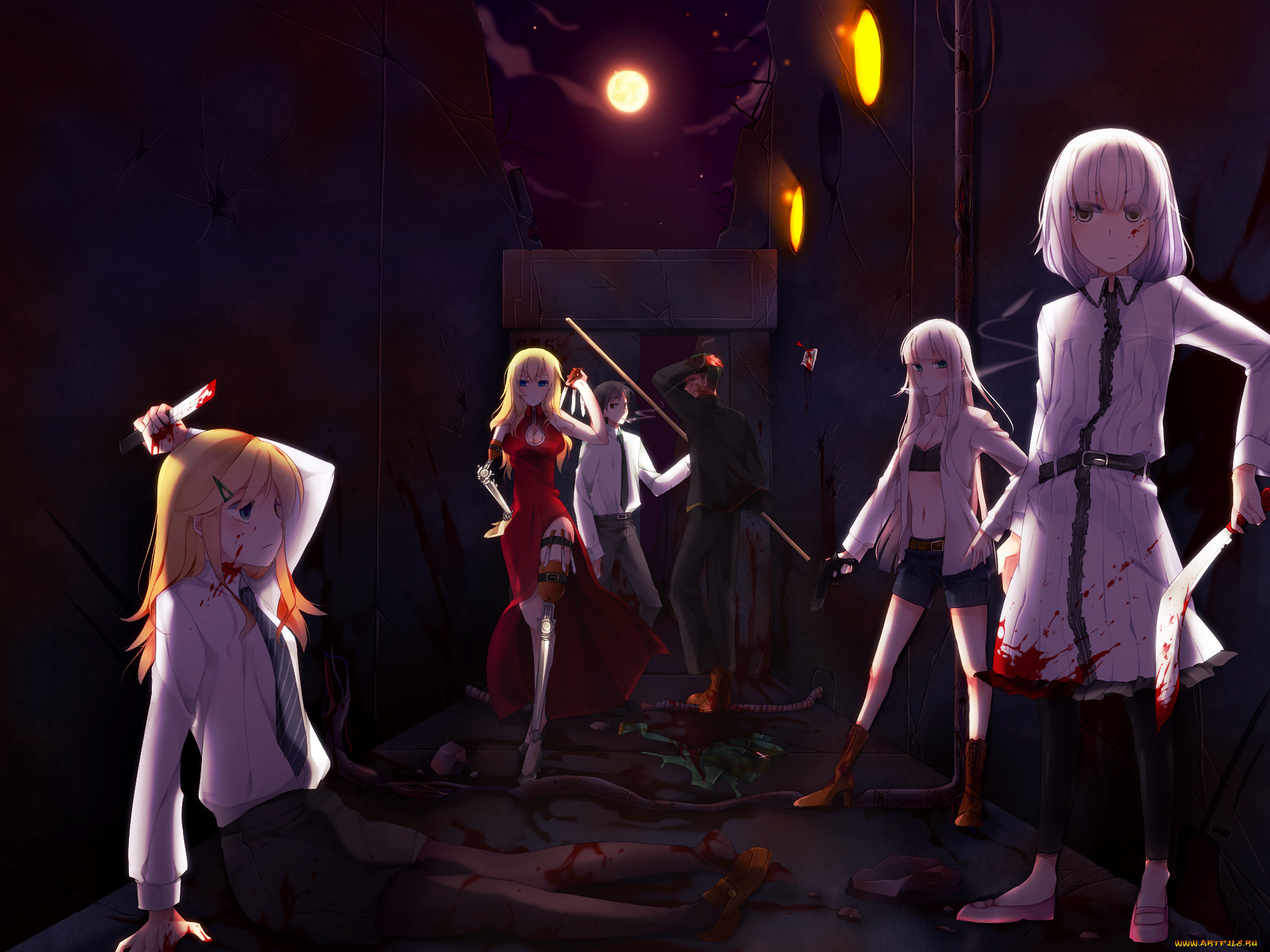 аниме, оружие, , техника, , технологии, арт, tateshina, ryouko, девушки, парни, кровь, сигарета, дым, пистолет, ножи, луна, небо, облака, ночь