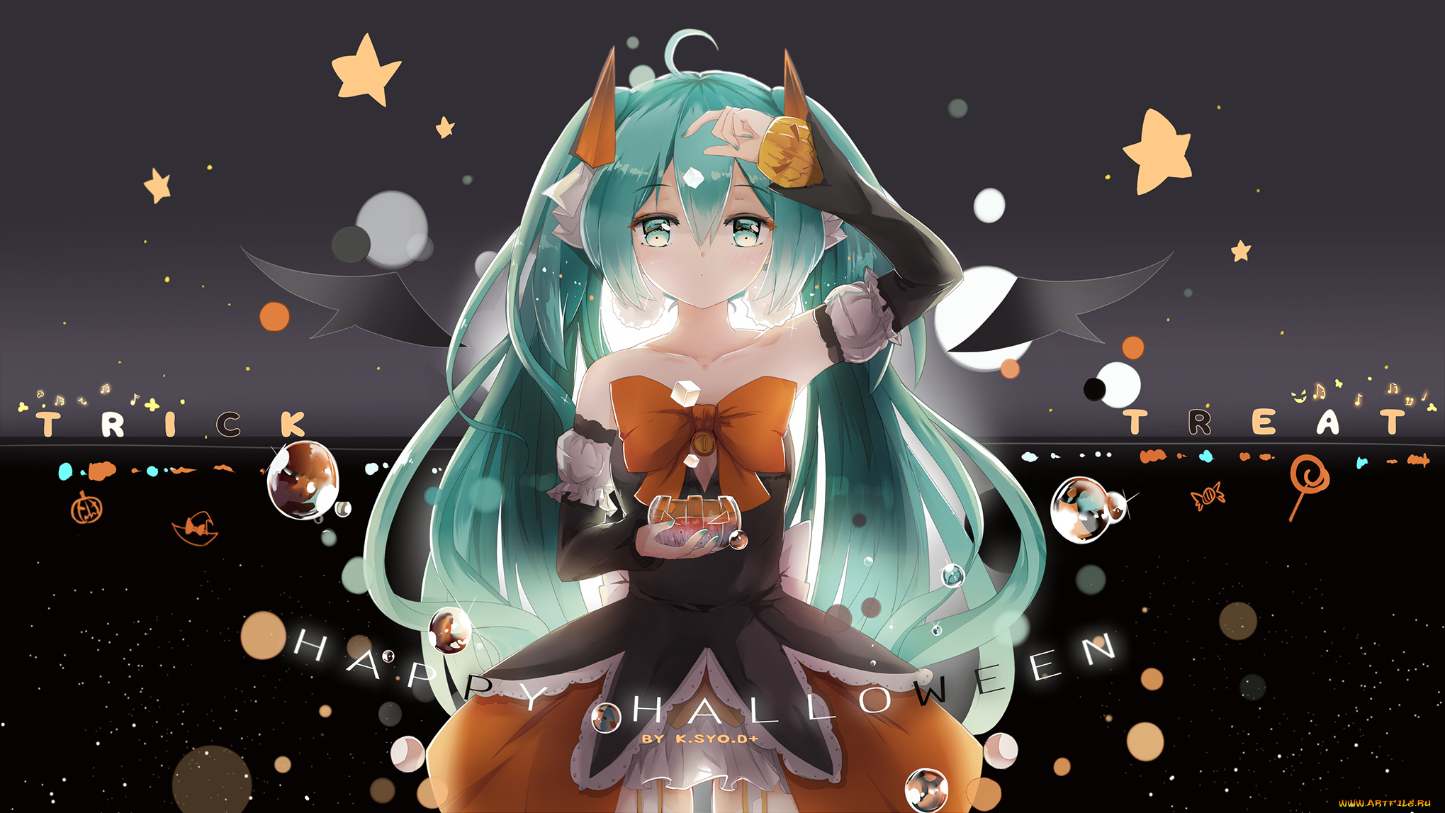 аниме, vocaloid, hatsune, miku, девушка, хеллоуин, арт, kuroi, asahi