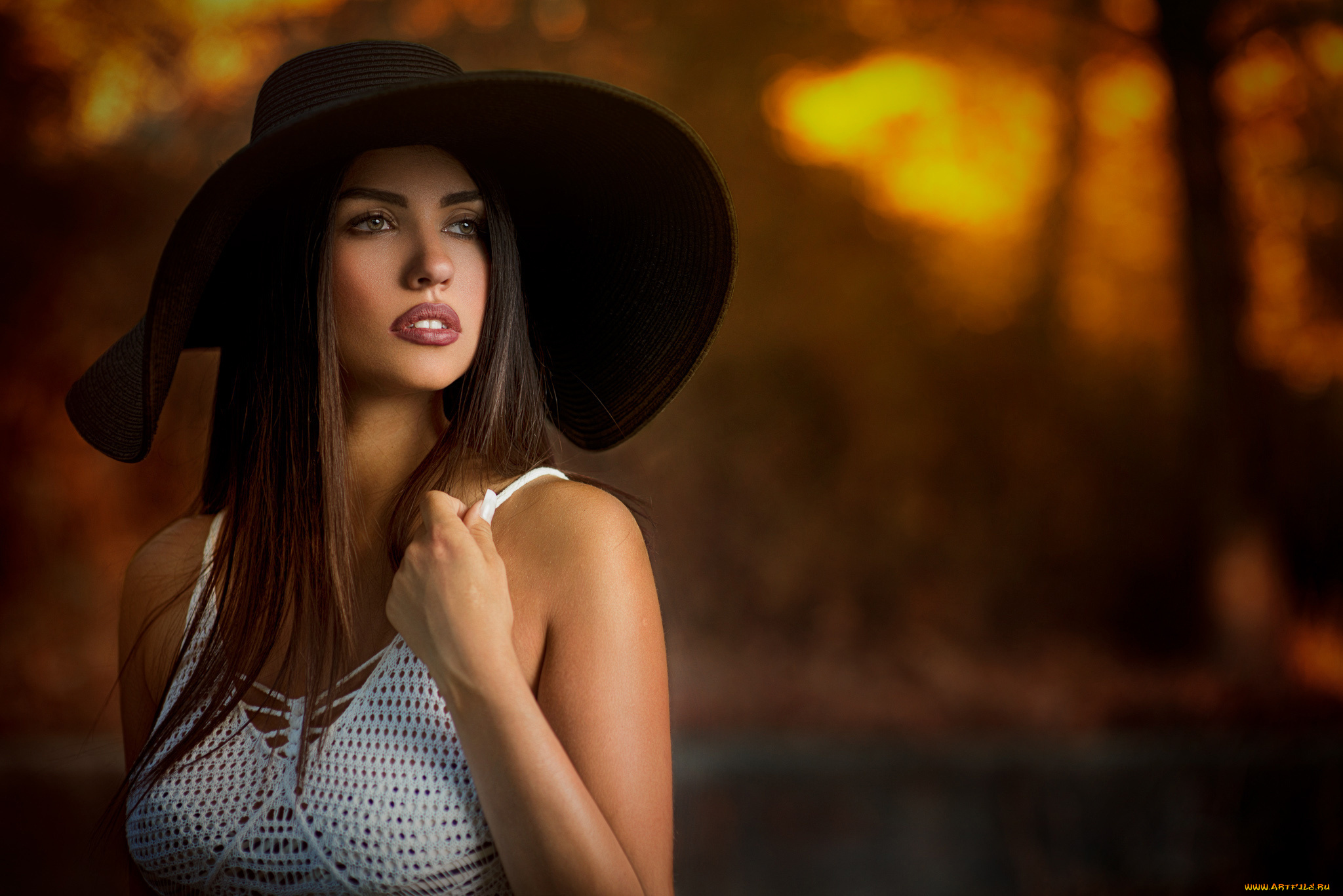 девушки, -unsort, , брюнетки, , шатенки, топ, взгляд, шляпа, закат, макияж, шатенка, девушка