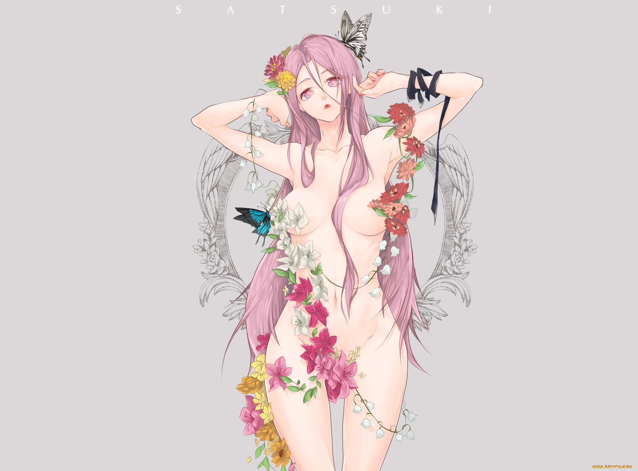 аниме, kuroko, no, baske, бабочка, крылья, листья, украшения, цветы, лента, девушка, momoi, satsuki