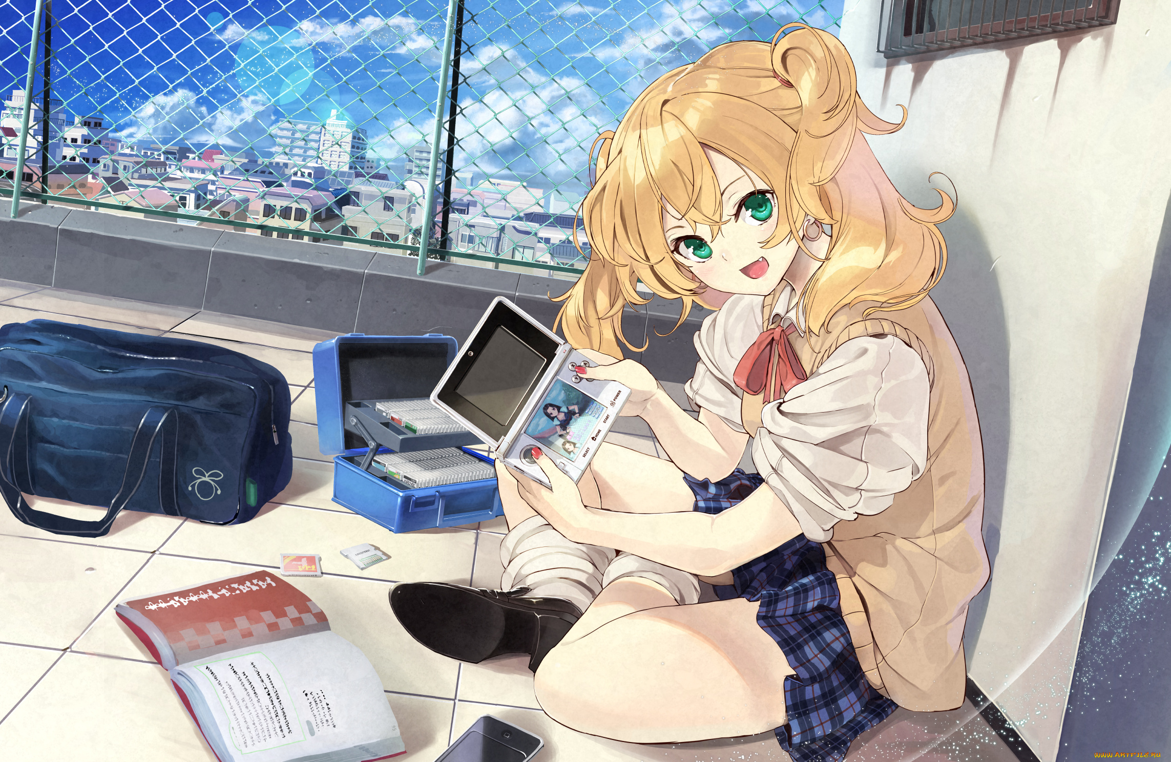 аниме, город, , улицы, , здания, арт, блондинка, goiro, doukutsuwa, сетка, девушка, крыша