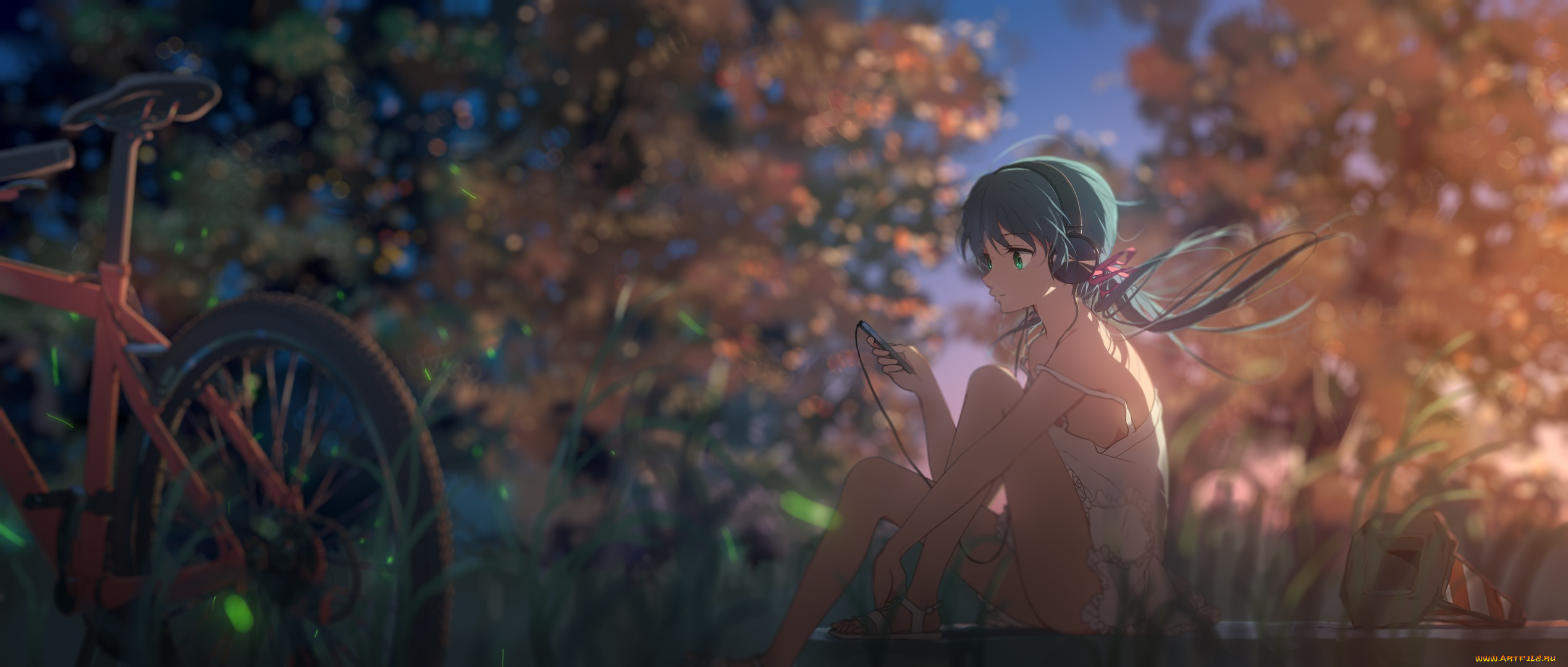 аниме, музыка, природа, телефон, велосипед, девочка, наушники, арт, optical-core