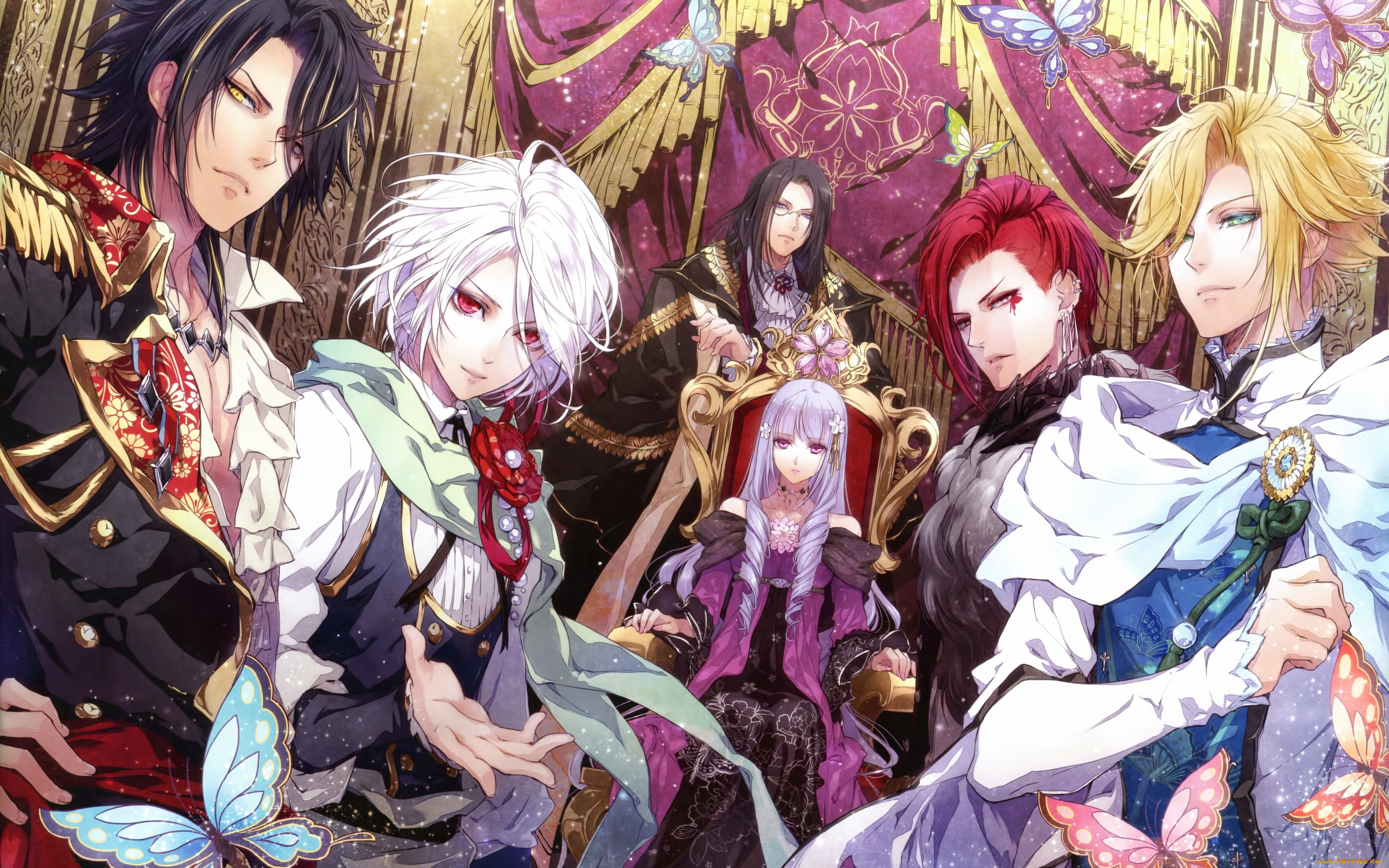 аниме, reine, des, fleurs, art, usuba, kagerou, девушка, violette, парни, ghislain, orpheus, leon, louis, hubert, взгляд, улыбка, жест, трон, reine, des, fleurs, idea, factory