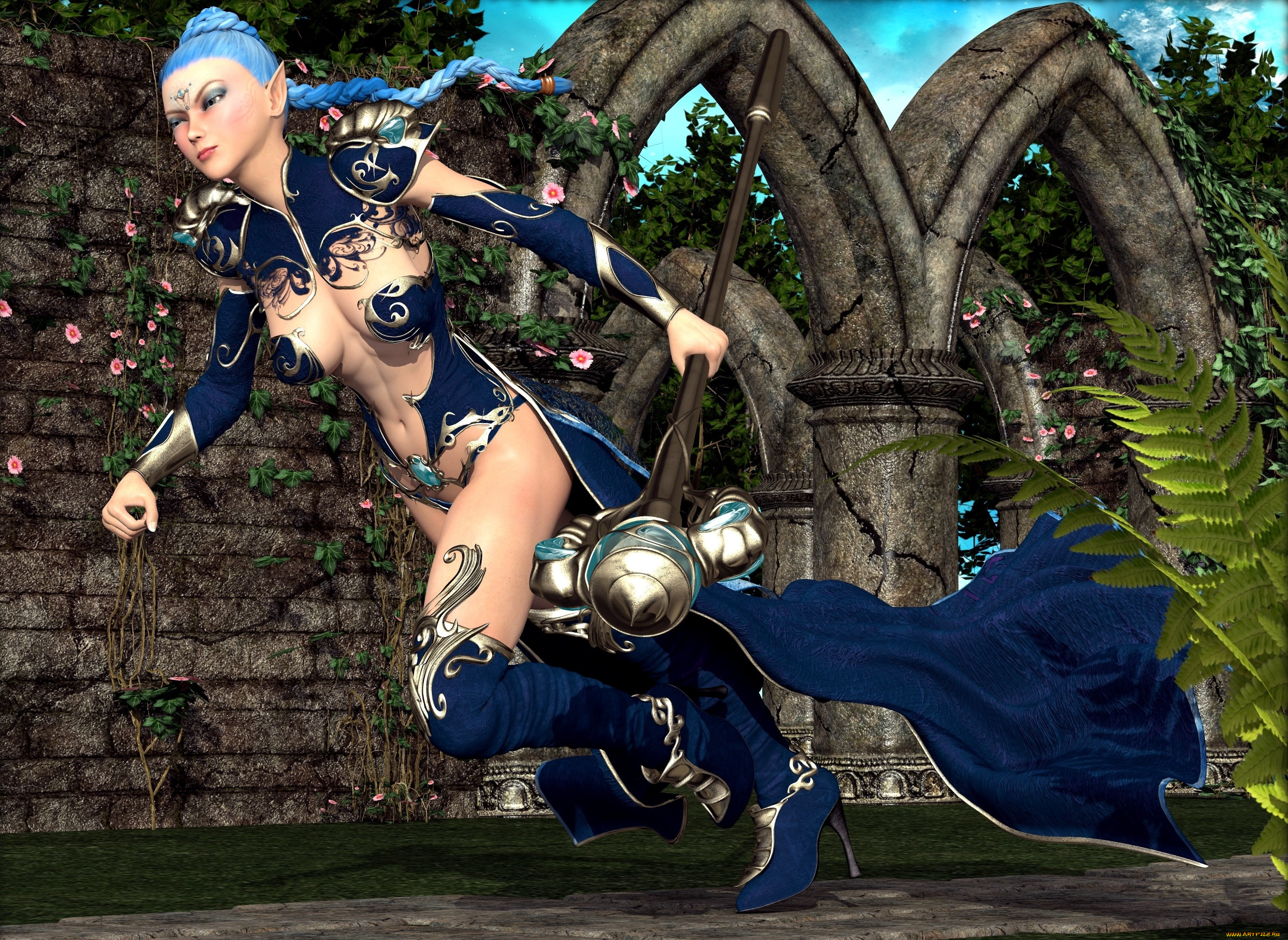 3д, графика, эльфы, , elves, эльфийка, взгляд, фон, тотем