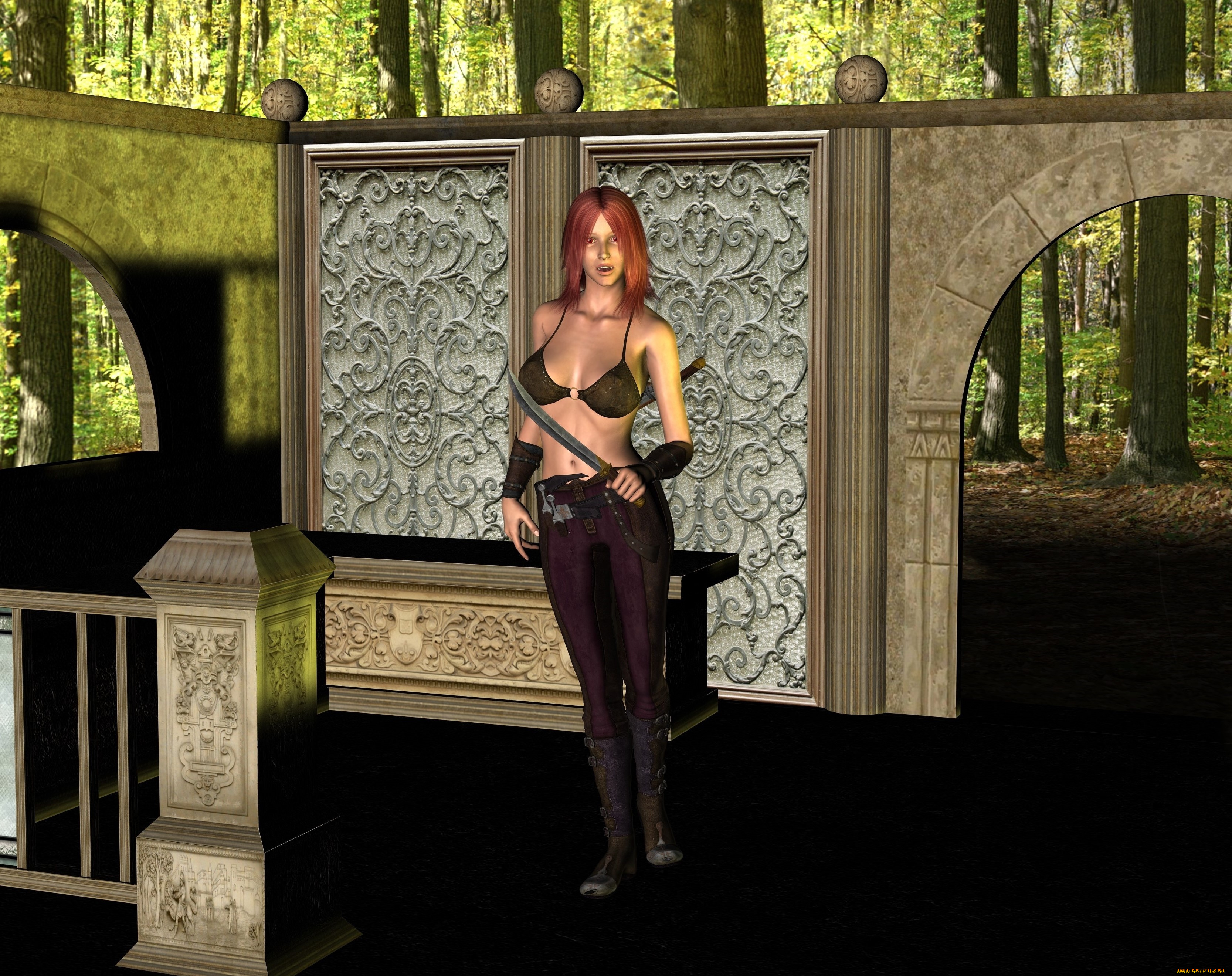 3д, графика, фантазия, , fantasy, фон, девушка, взгляд, оружие