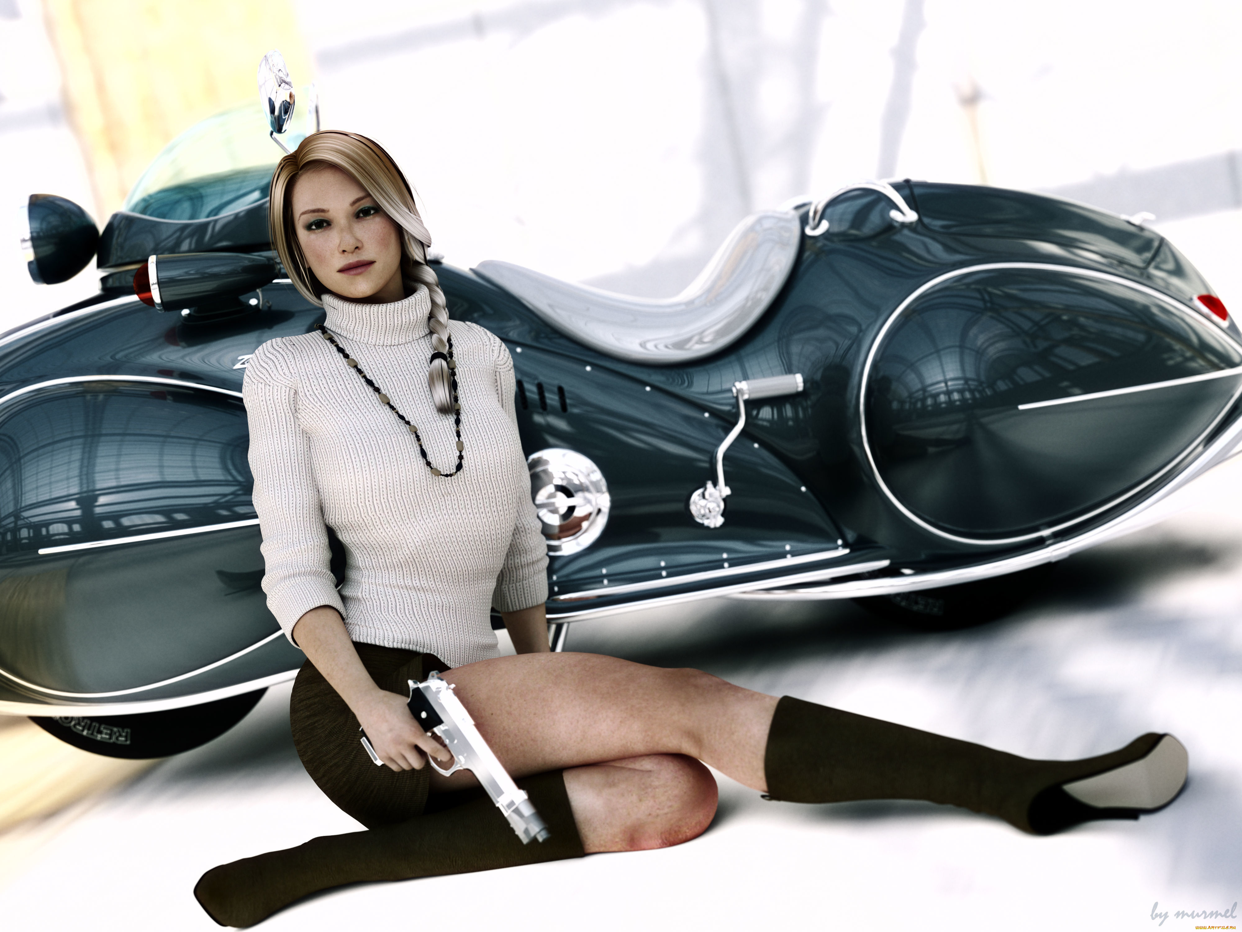 3д, графика, люди, , people, пистолет, юбка, блондинка, девушка, мопед, ноги