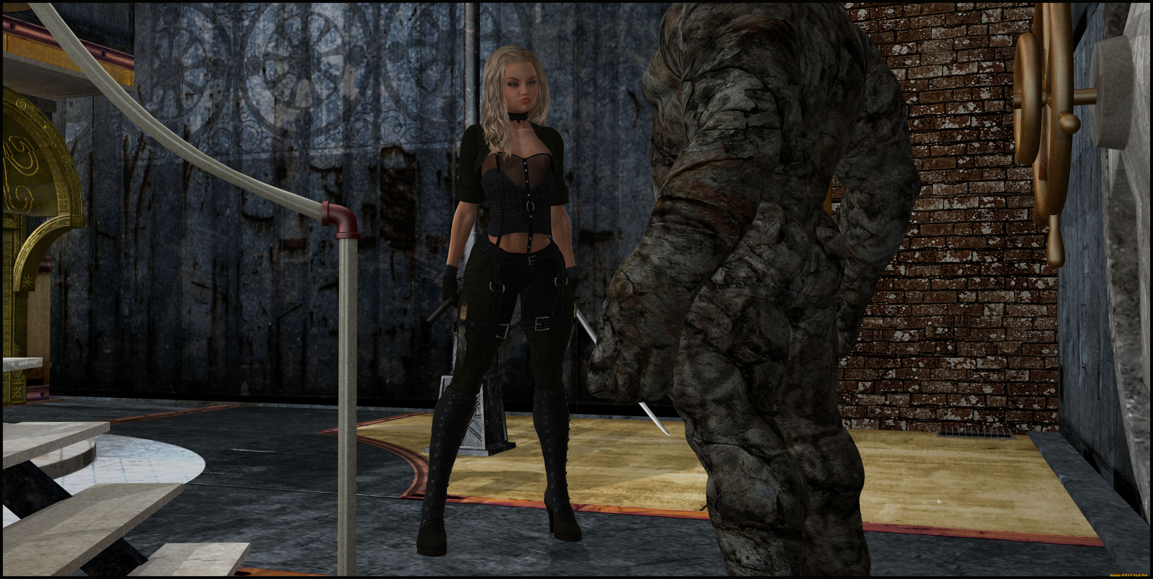 3д, графика, фантазия, , fantasy, существо, оружие, фон, взгляд, девушка