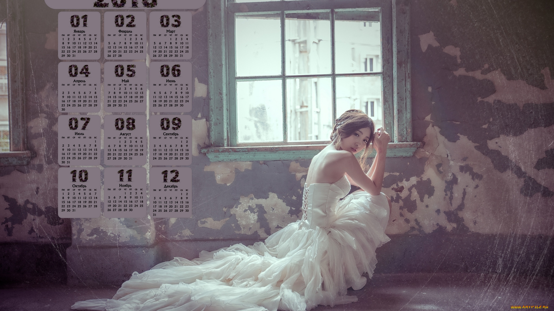 календари, девушки, 2018, азиатка, платье, окно