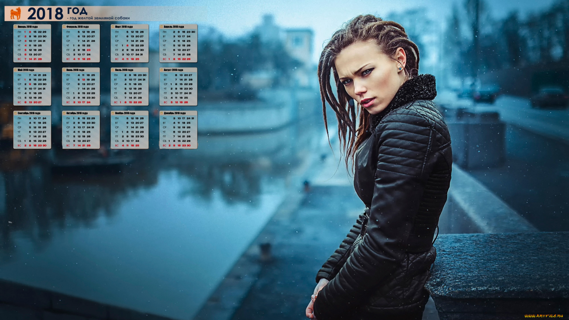 календари, девушки, набережная, водоем, снежинка, взгляд, 2018