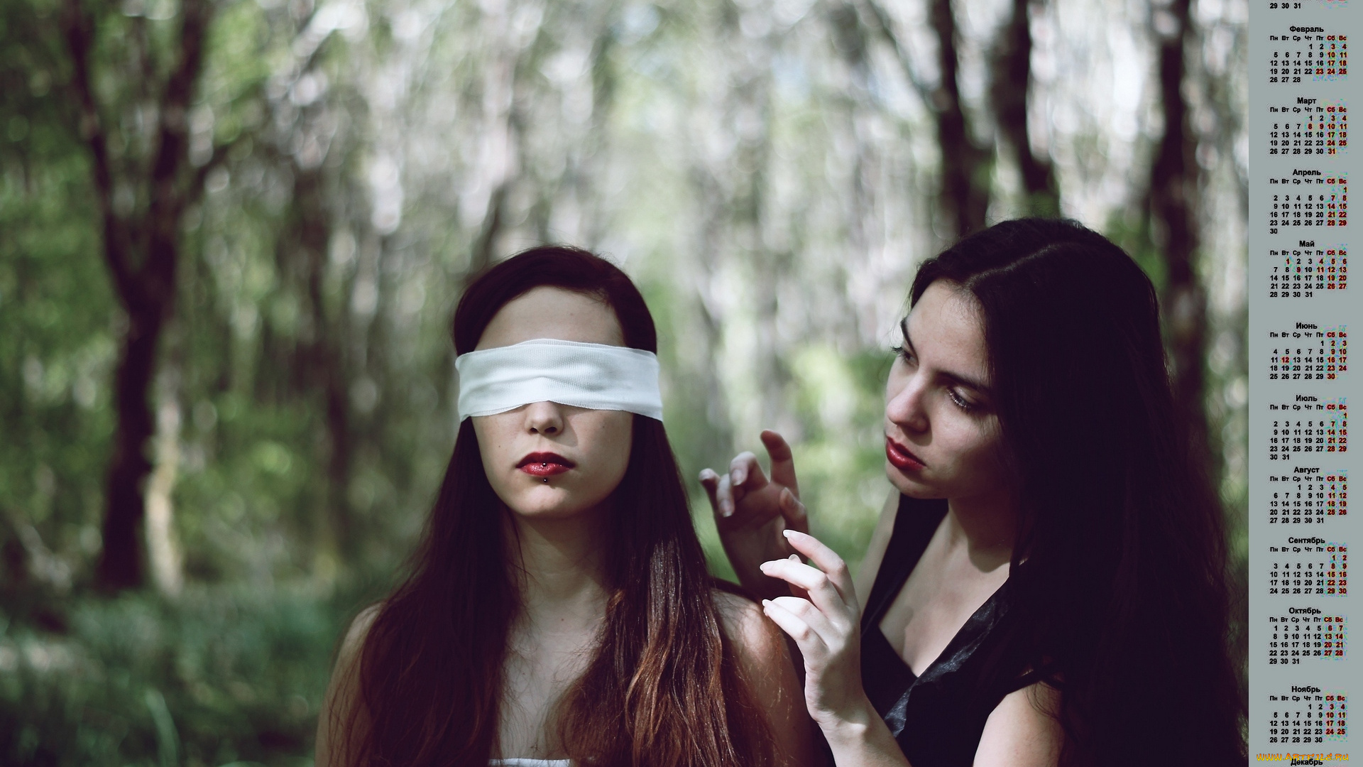 календари, девушки, повязка, двое, 2018, деревья
