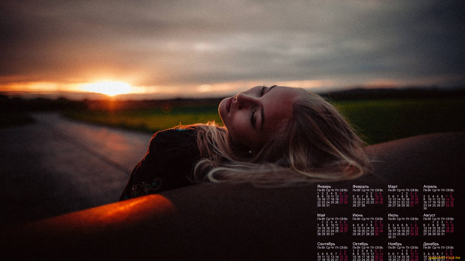 календари, девушки, профиль, закат, 2018
