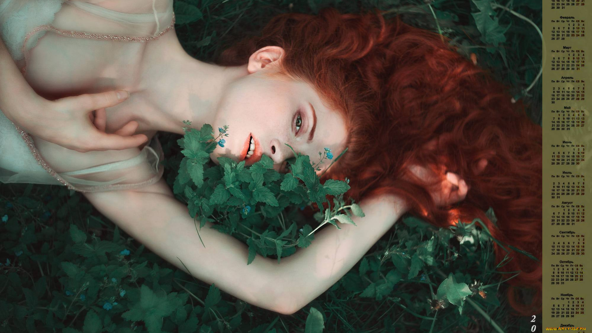 календари, девушки, взгляд, рыжая, растения, 2018