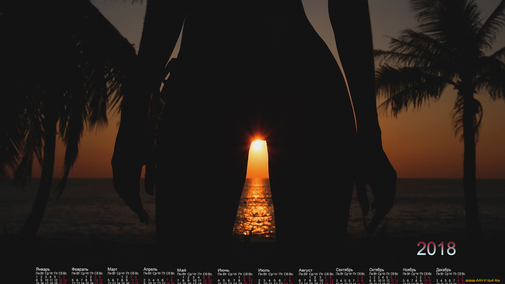 календари, девушки, закат, 2018, пальма