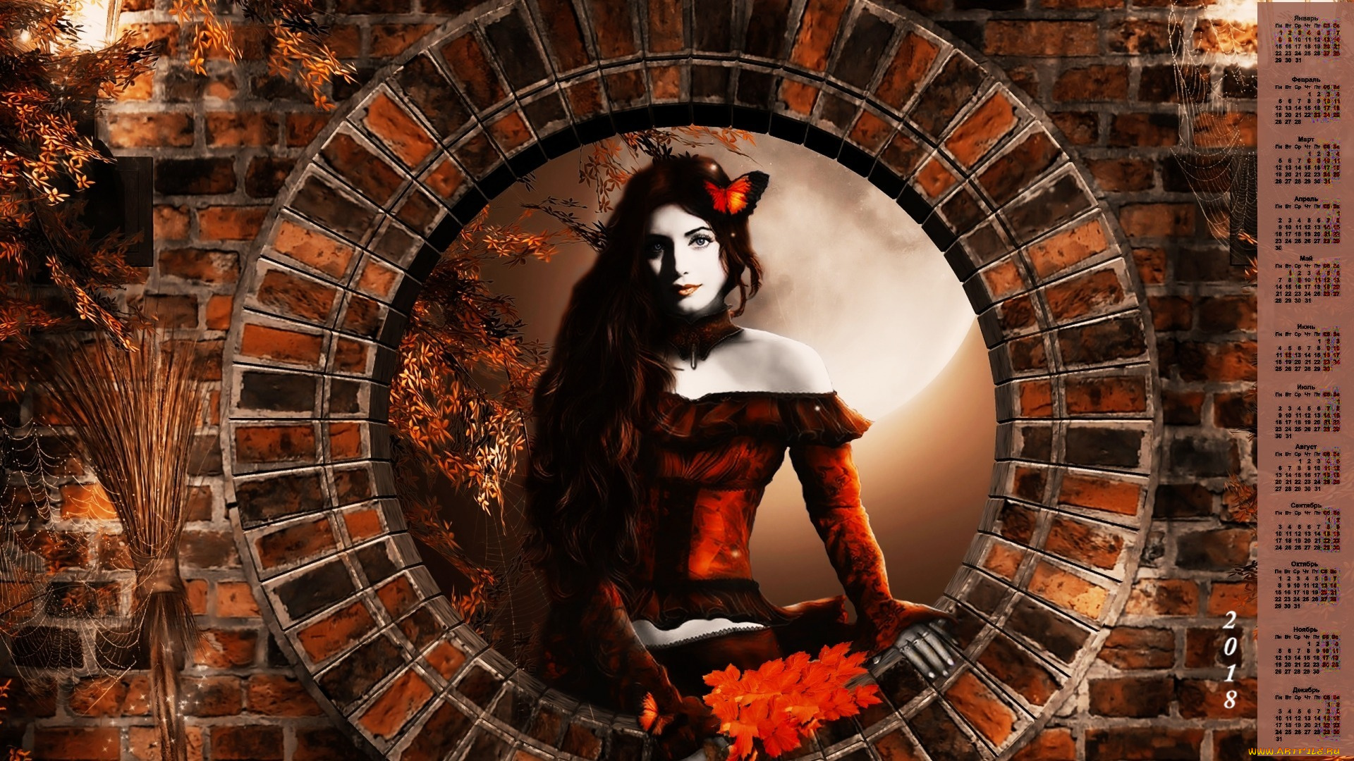 календари, компьютерный, дизайн, 2018, девушка, бабочка, листья, улыбка