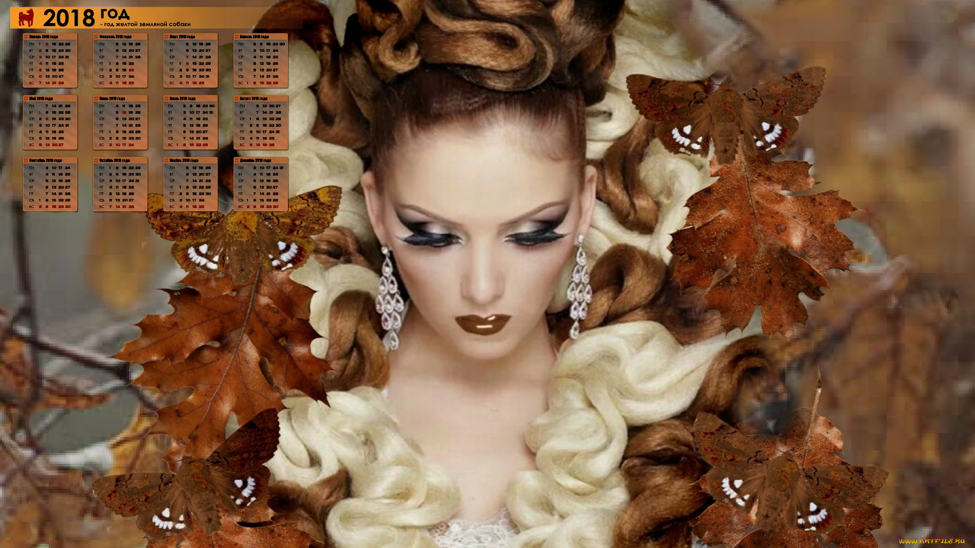 календари, компьютерный, дизайн, 2018, девушка, макияж, мотылек, украшения