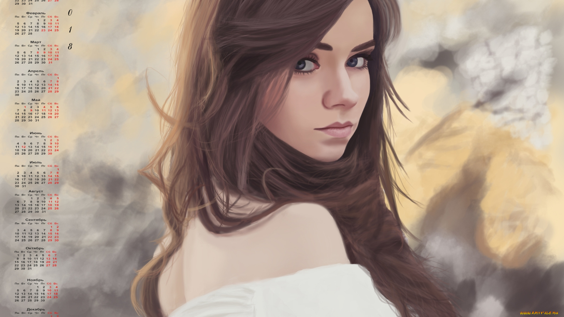 календари, рисованные, , векторная, графика, 2018, взгляд, девушка, профиль