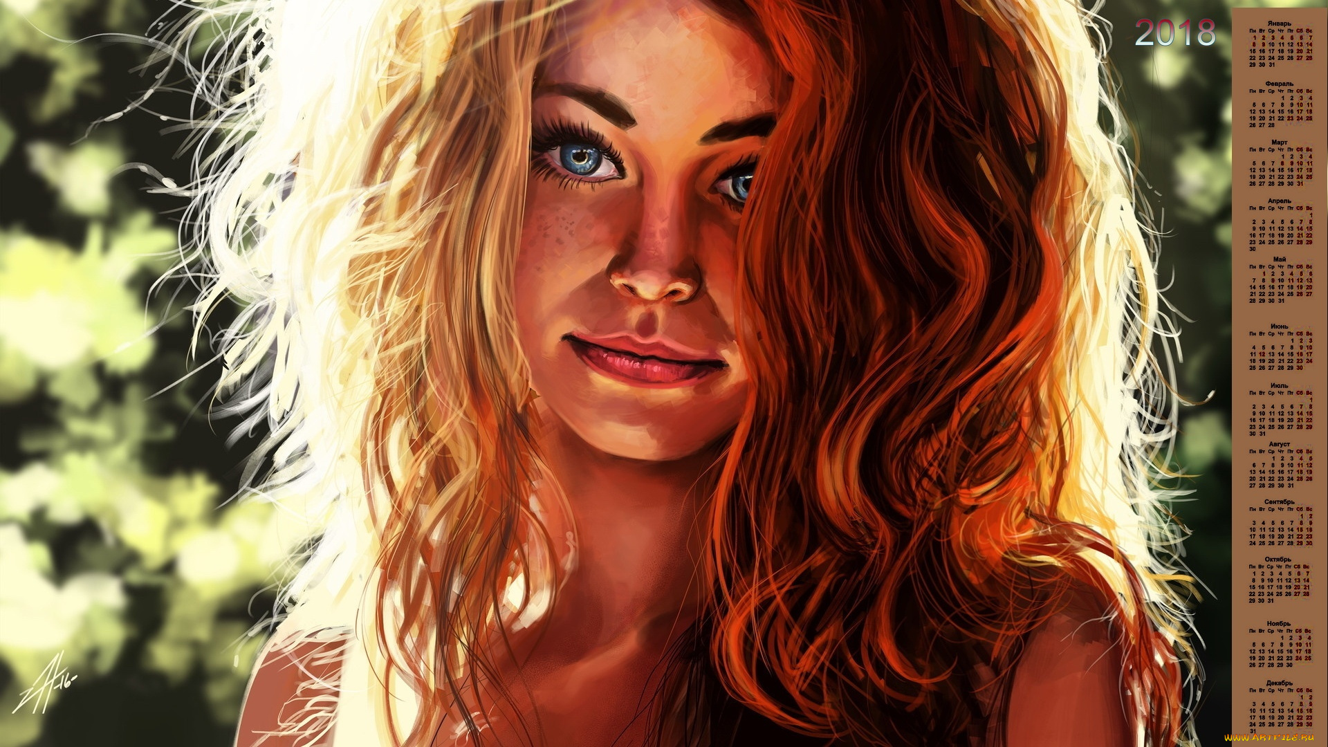 календари, рисованные, , векторная, графика, 2018, девушка, взгляд, лицо