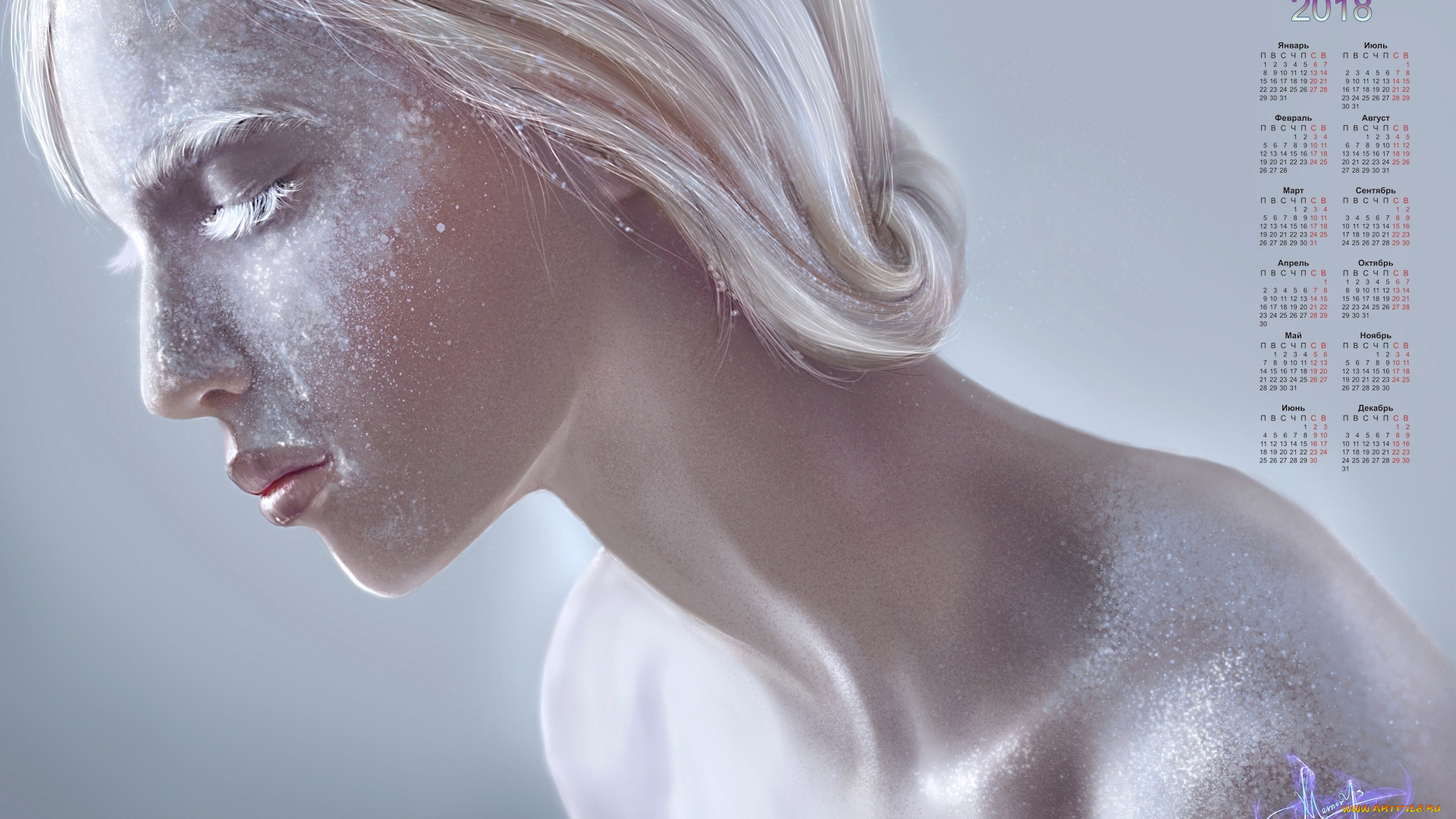 календари, рисованные, , векторная, графика, профиль, блестки, 2018, девушка