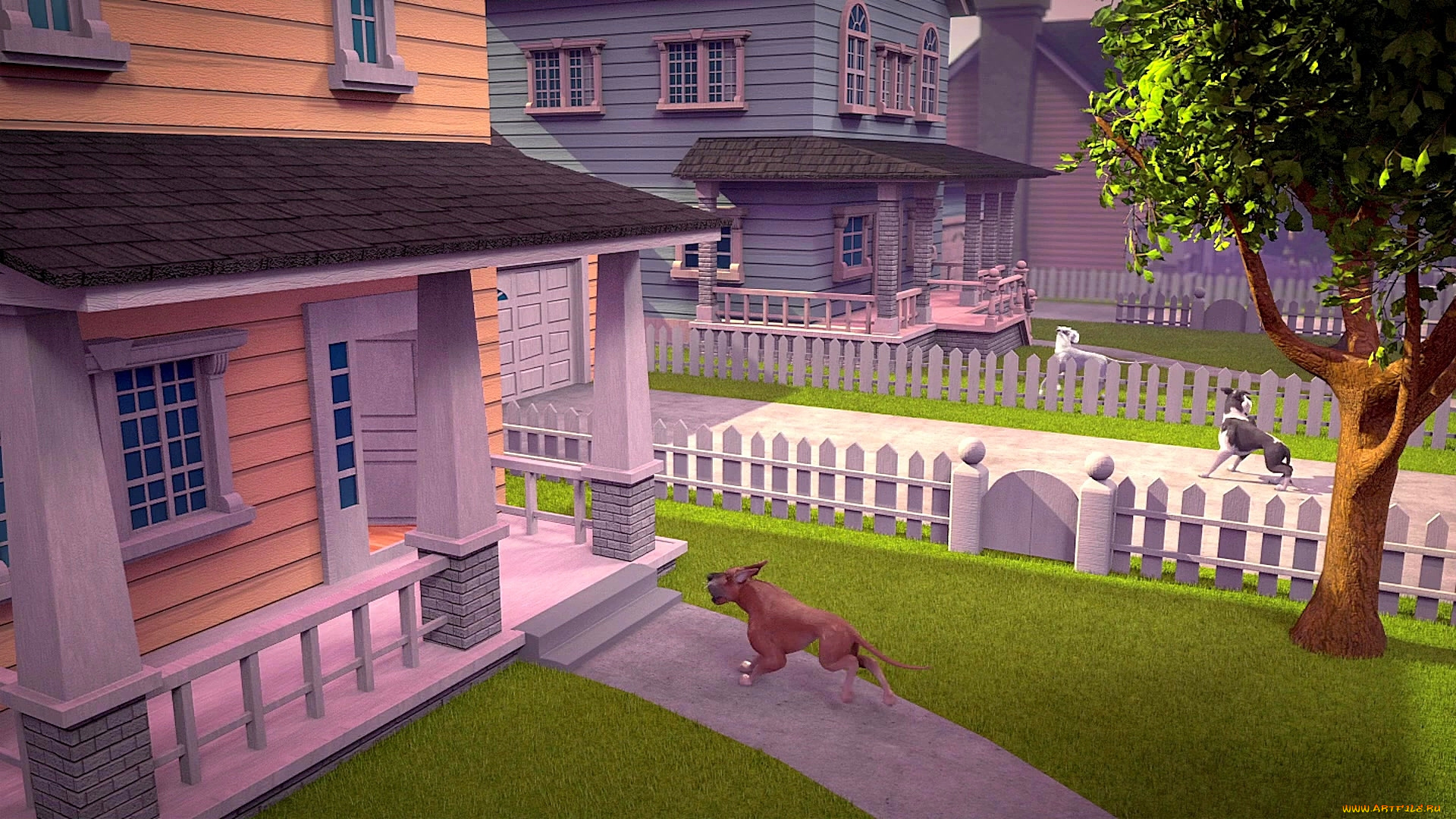 векторная, графика, мультфильмы, , cartoons, дом, собака, дерево, растения, забор