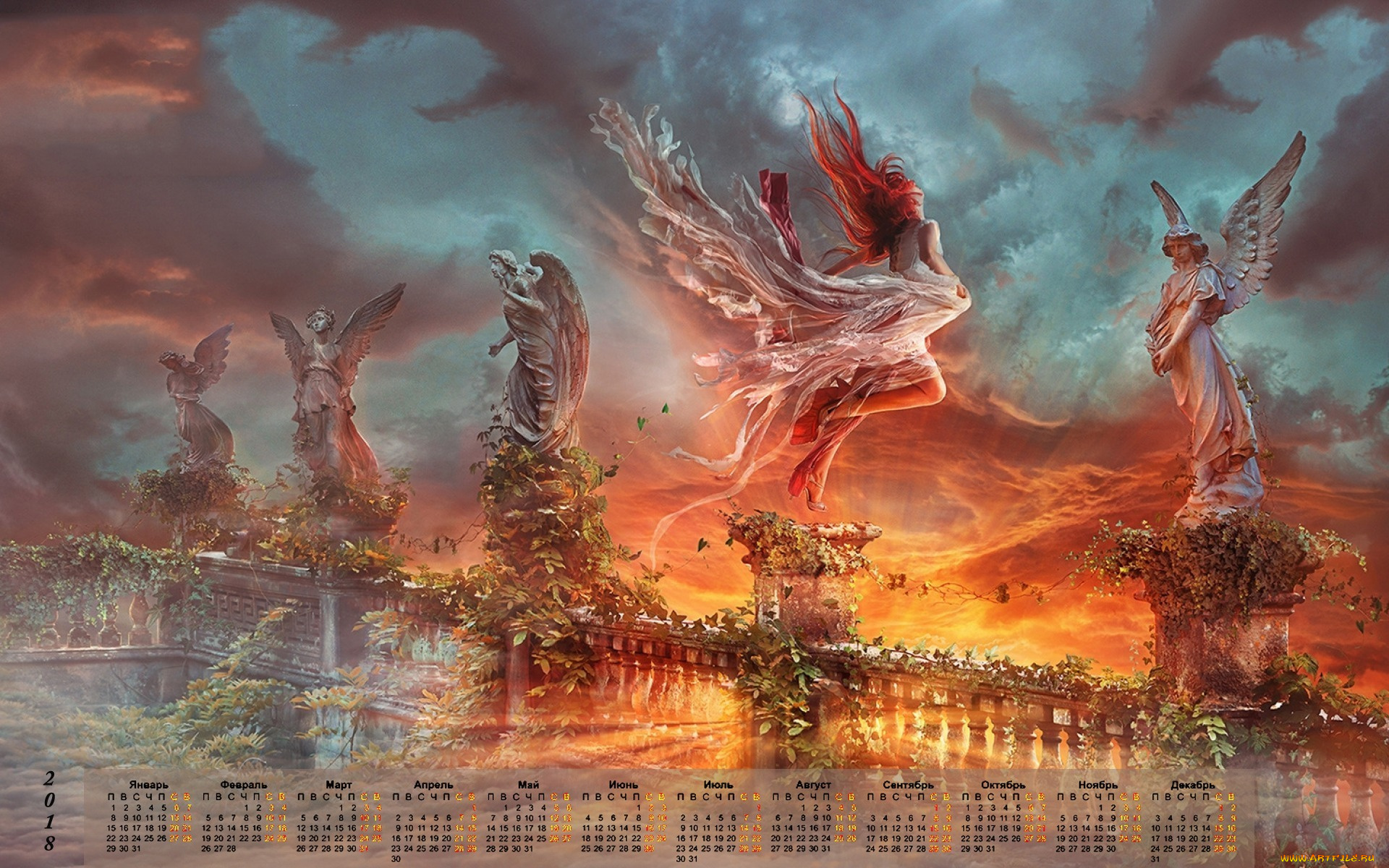 календари, фэнтези, 2018, девушка, полет, ангел, статуя, растения