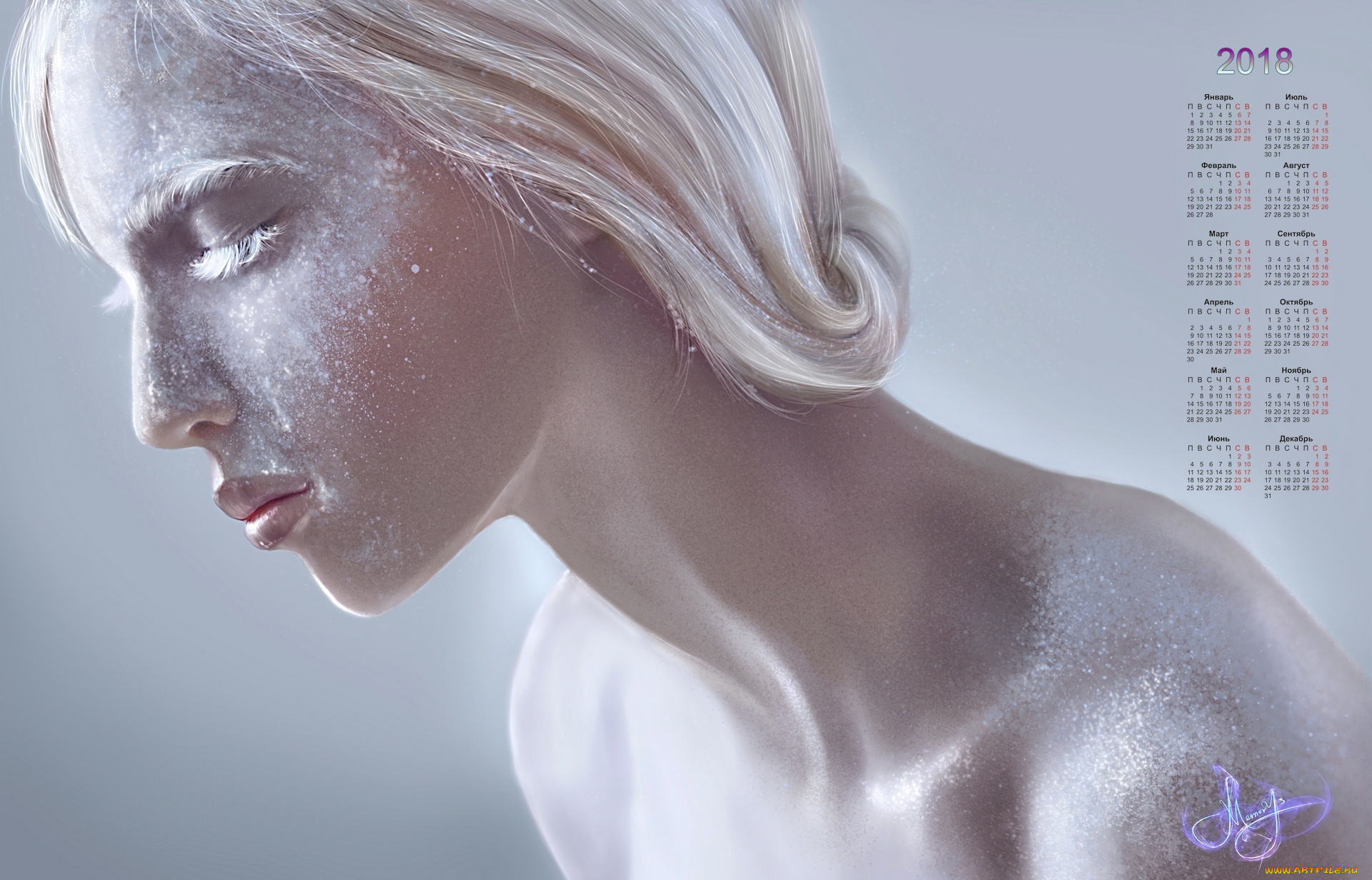 календари, рисованные, , векторная, графика, профиль, блестки, 2018, девушка