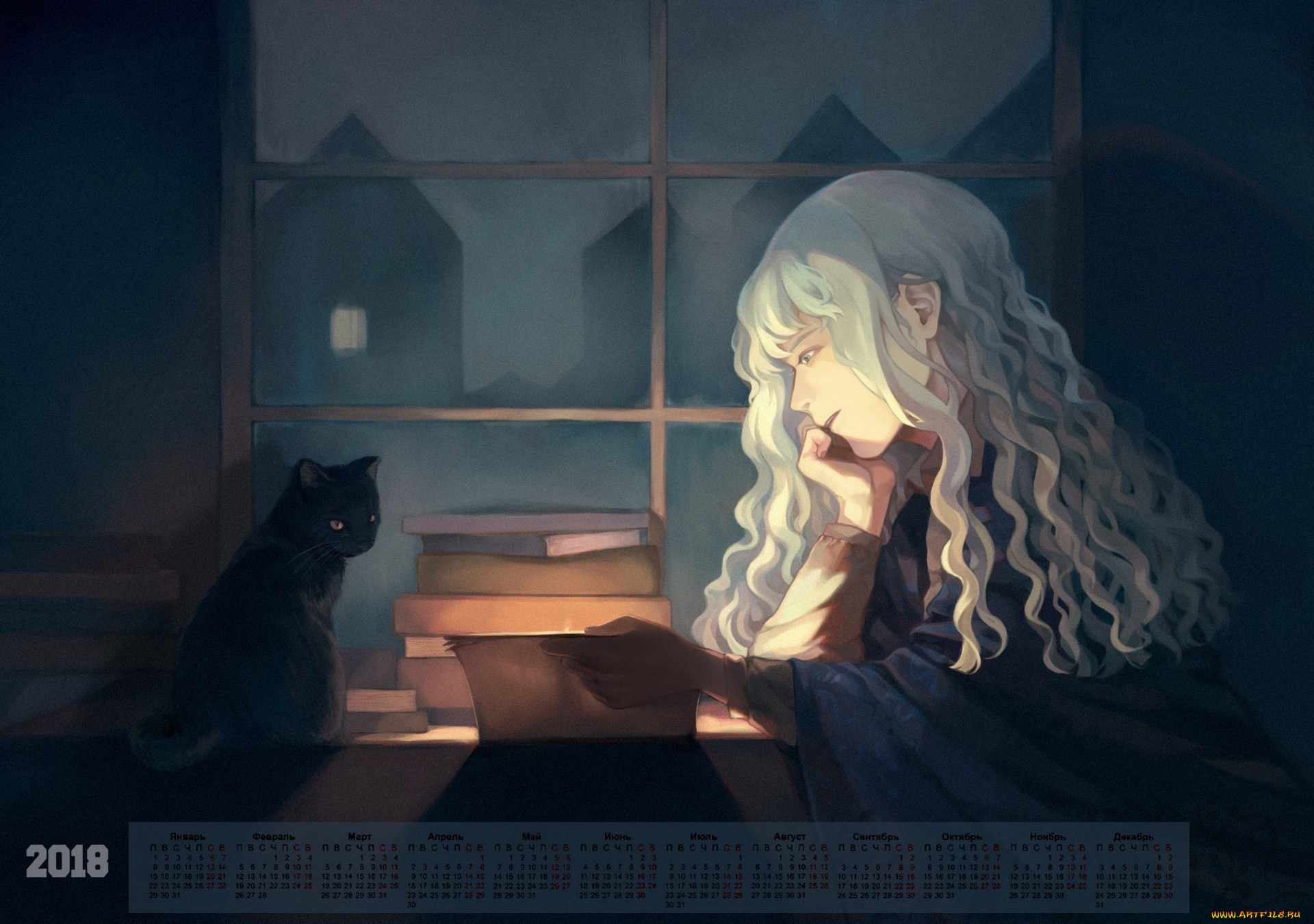 календари, аниме, кошка, девушка, 2018, окно, книга
