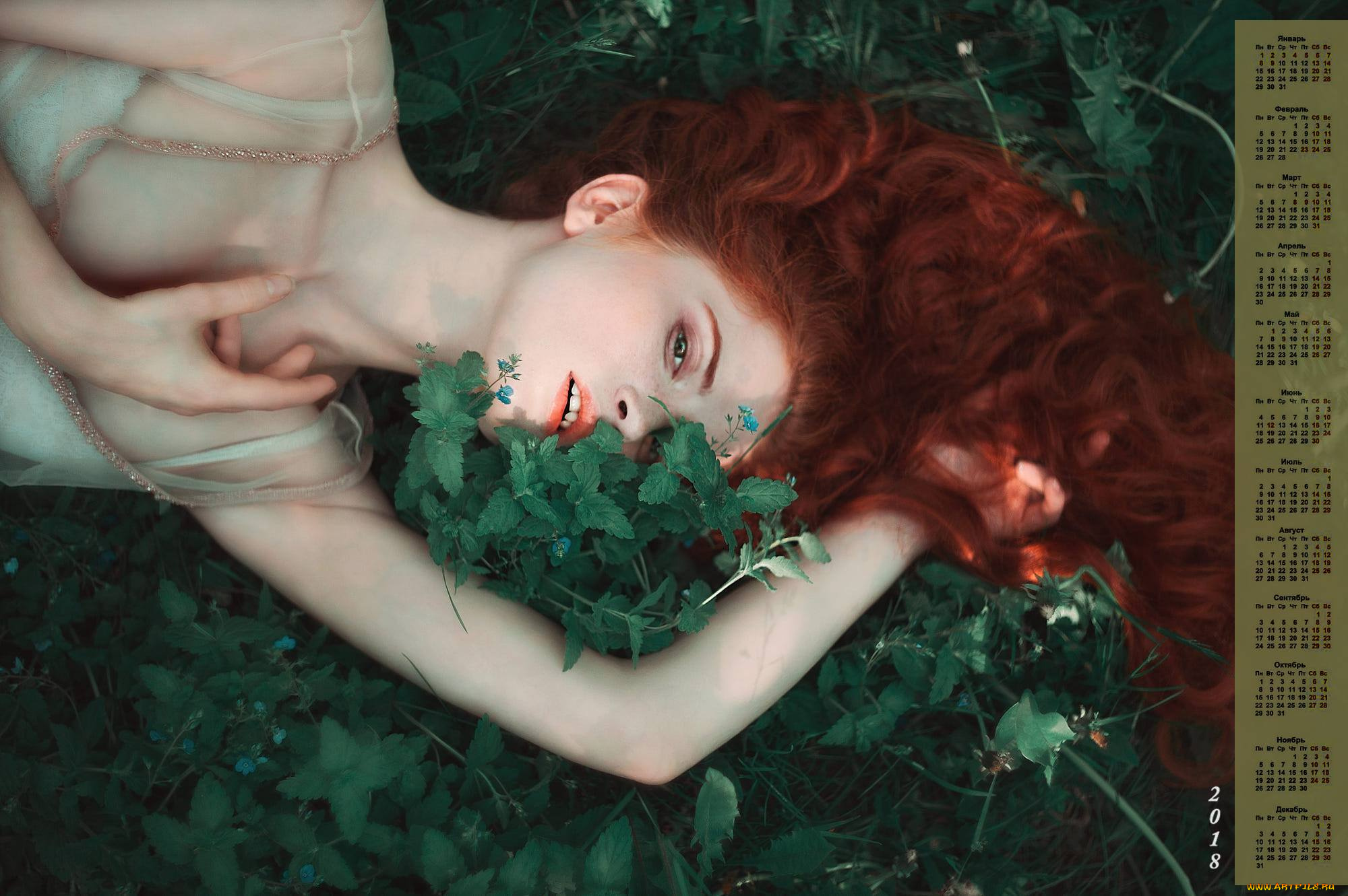 календари, девушки, взгляд, рыжая, растения, 2018