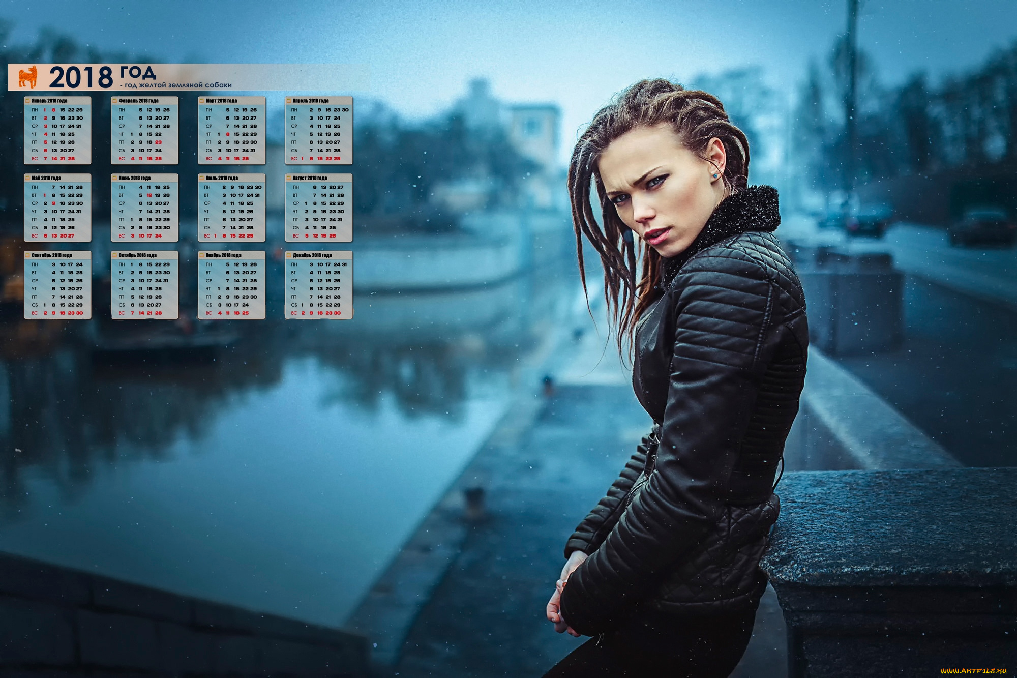 календари, девушки, набережная, водоем, снежинка, взгляд, 2018
