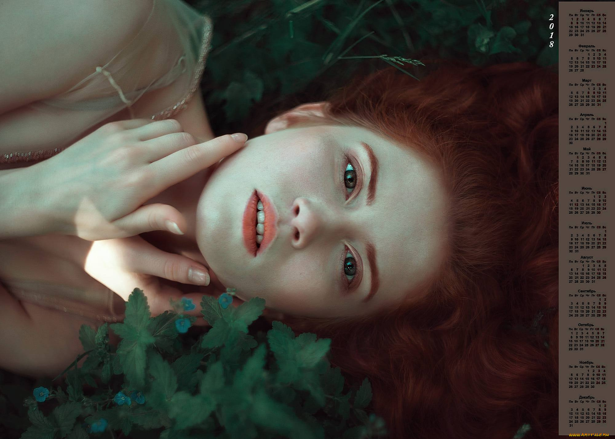 календари, девушки, лицо, взгляд, 2018, растения, рыжая