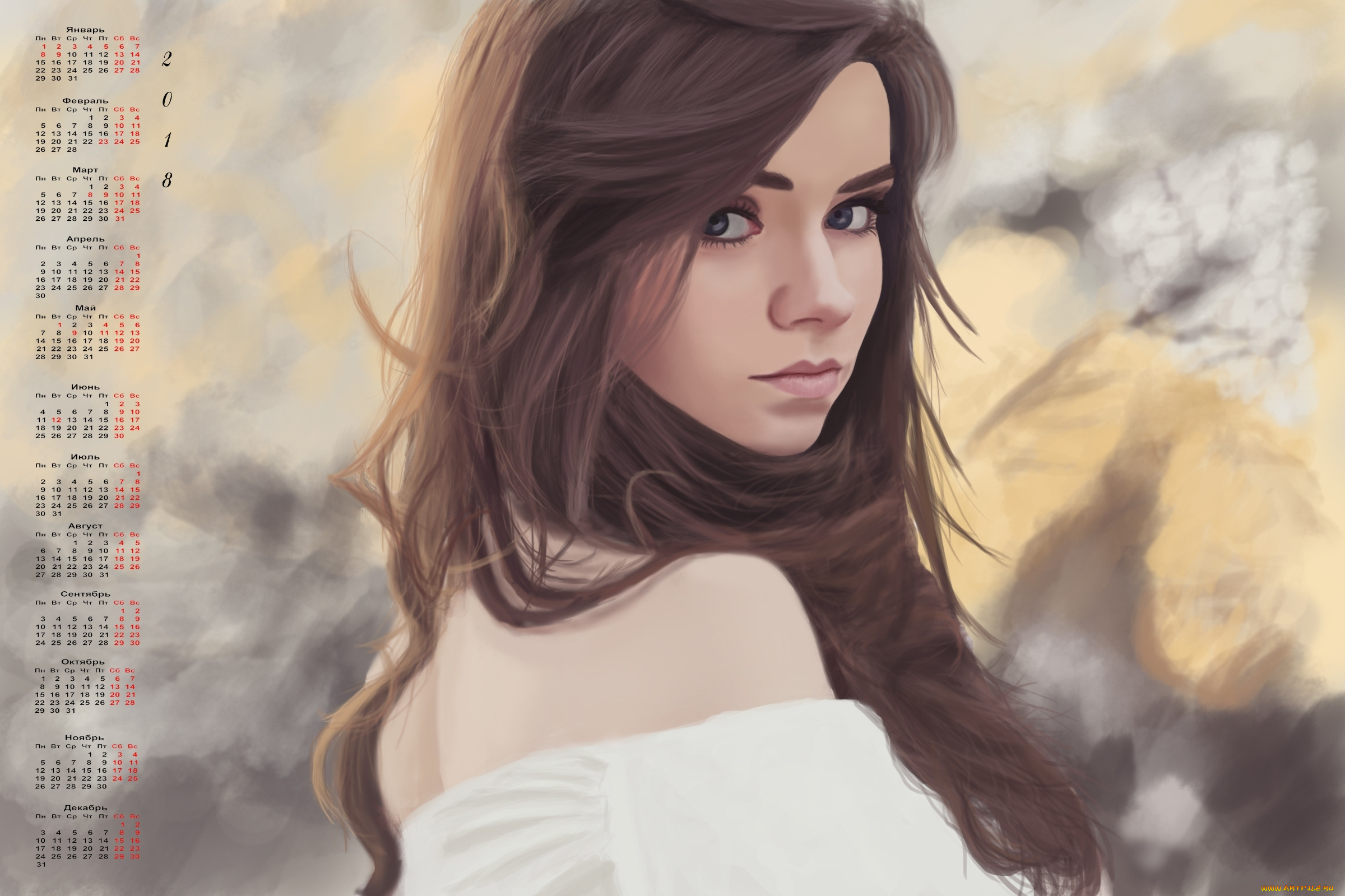 календари, рисованные, , векторная, графика, 2018, взгляд, девушка, профиль