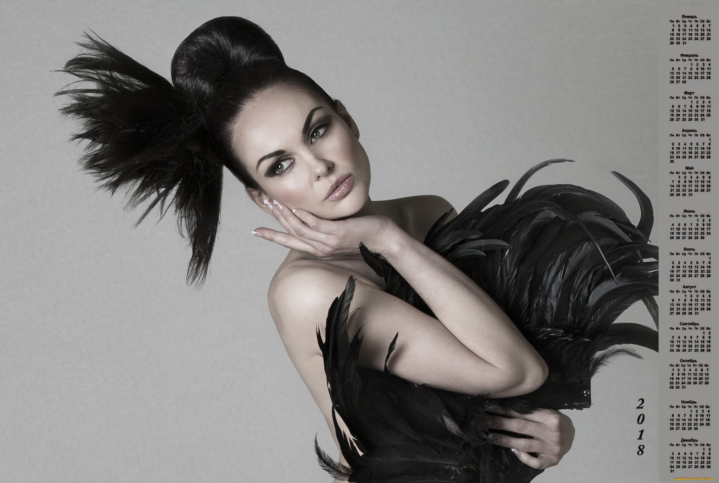 календари, девушки, перья, макияж, модель, 2018