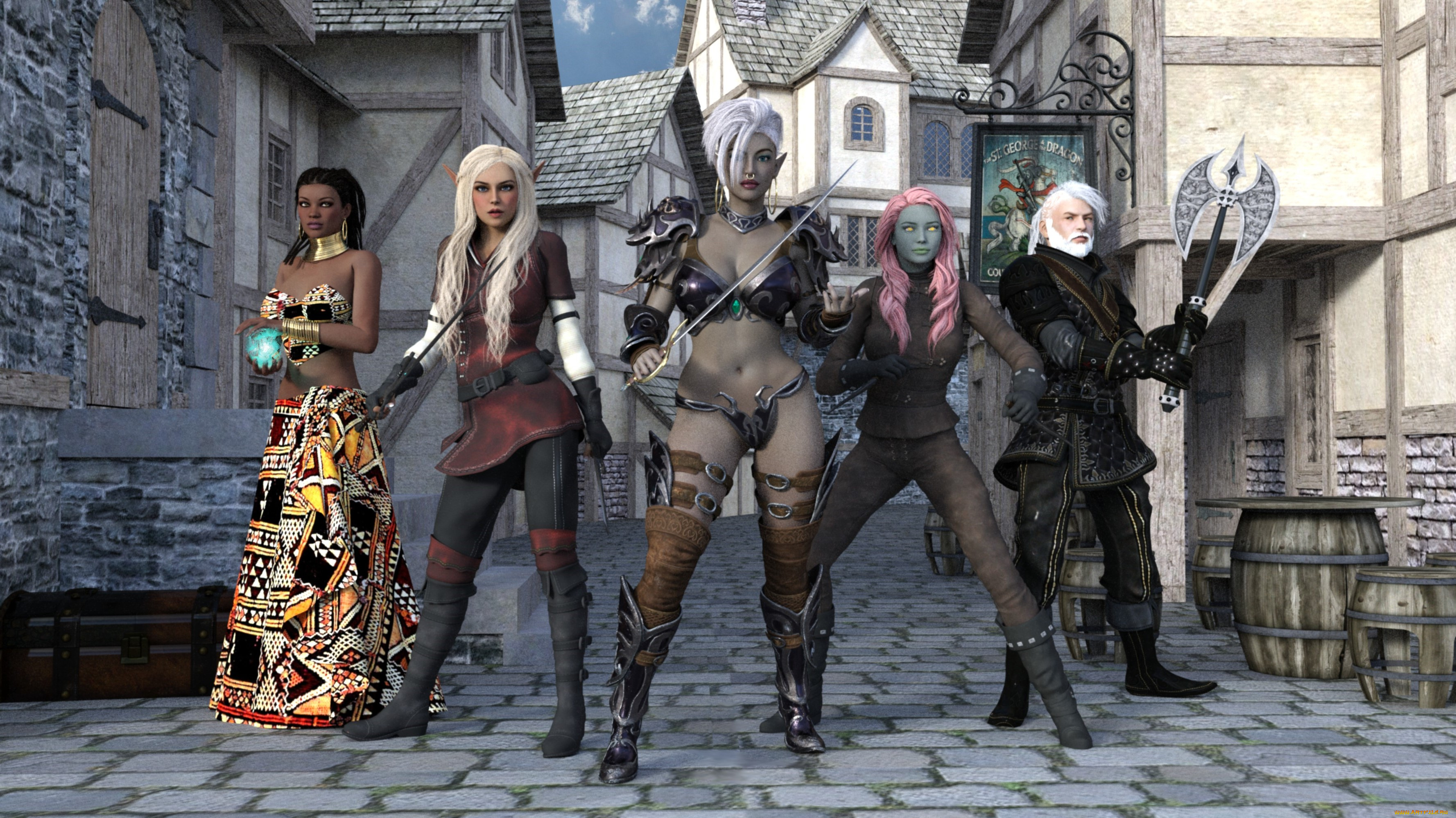 3д, графика, эльфы, , elves, эльфийки, взгляд, фон