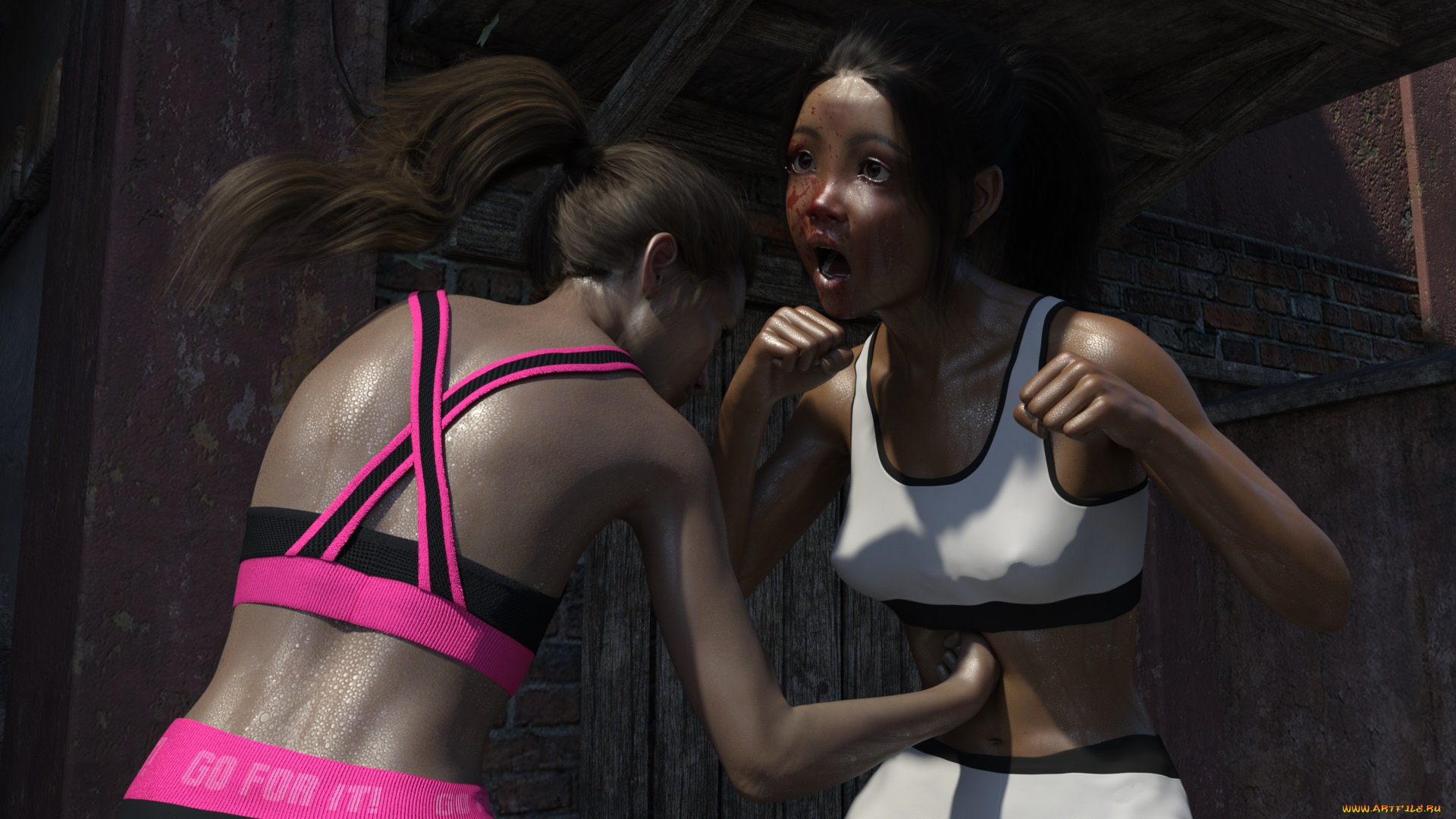 3д, графика, фантазия, , fantasy, взгляд, борьба, девушки, фон