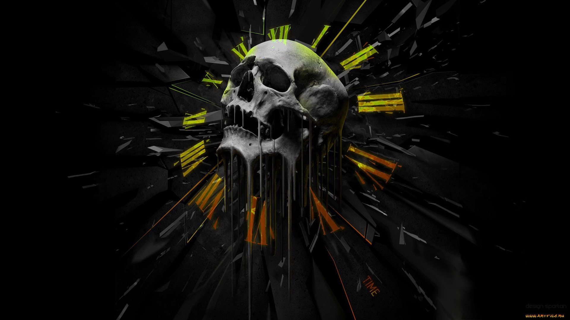 3д, графика, ужас, , horror, череп, циферблат, осколки