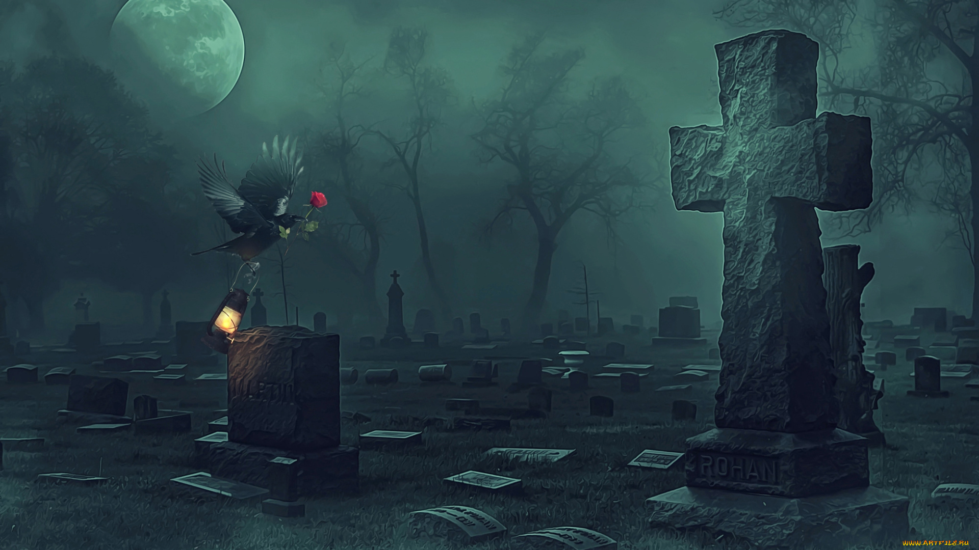 фэнтези, фотоарт, лампа, роза, ворон, фон, кладбище