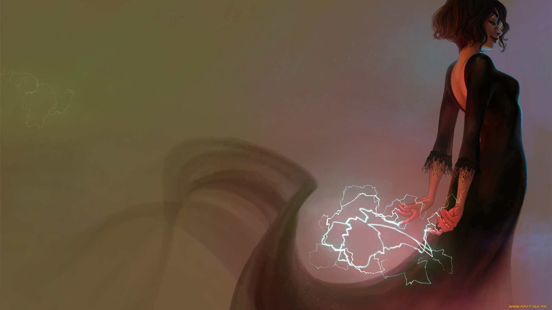 фэнтези, магия, улыбка, фон, молния, девушка